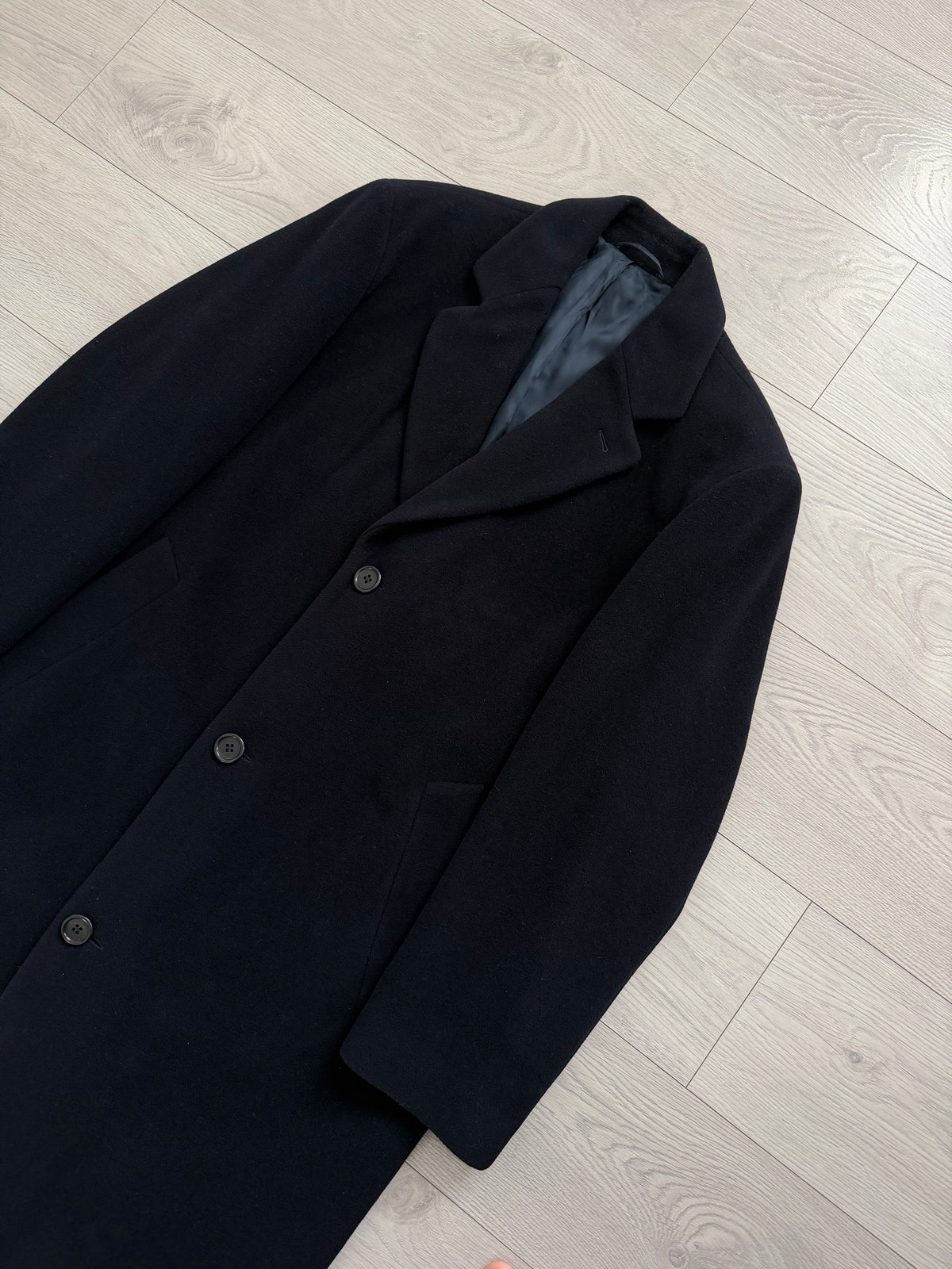 Hugo Boss 1990s Single Breasted Navy Wool Overcoat - Size XL