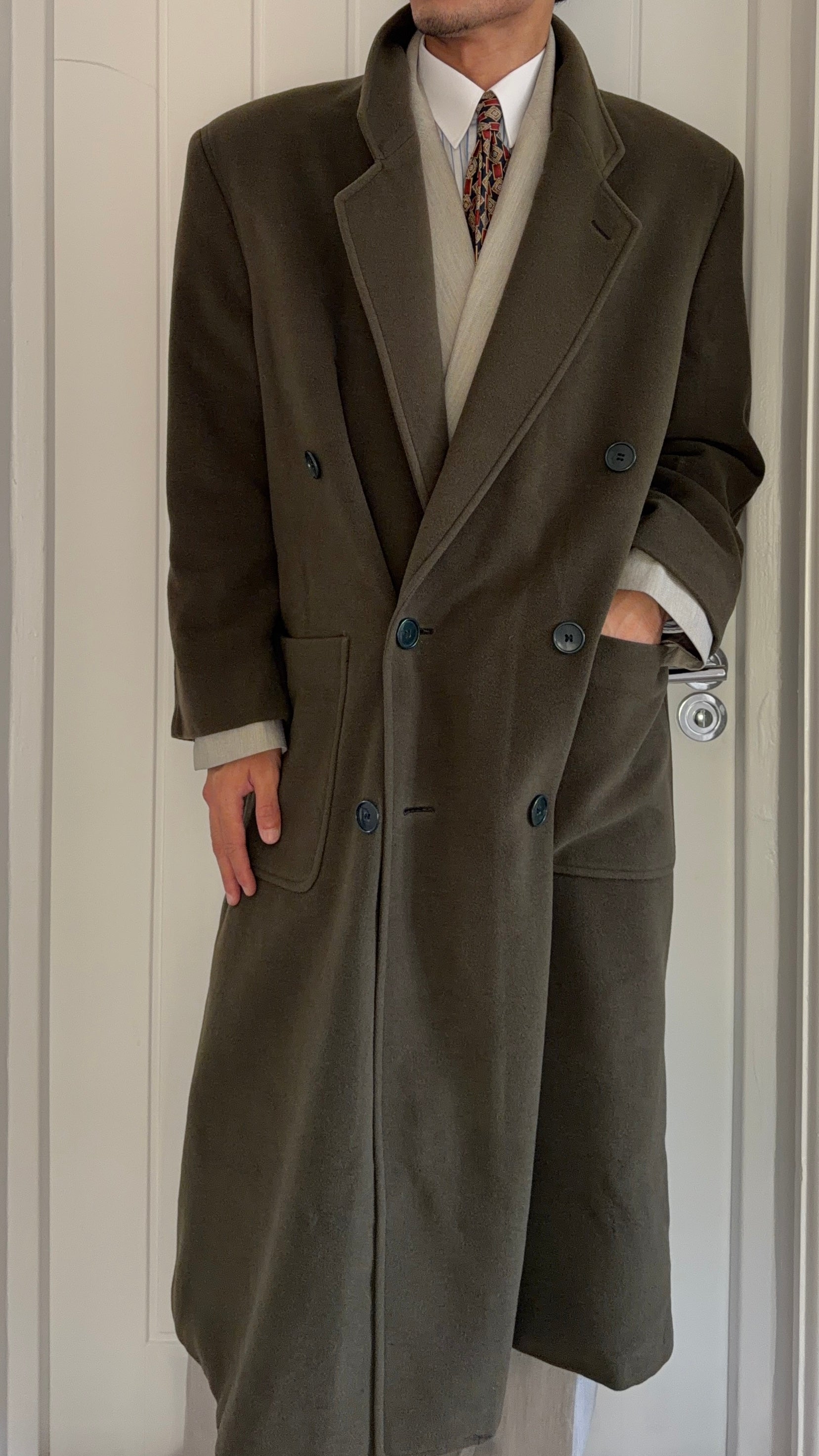 Giorgio Armani 1980s Double Breasted Long Wool Overcoat Green - Size M