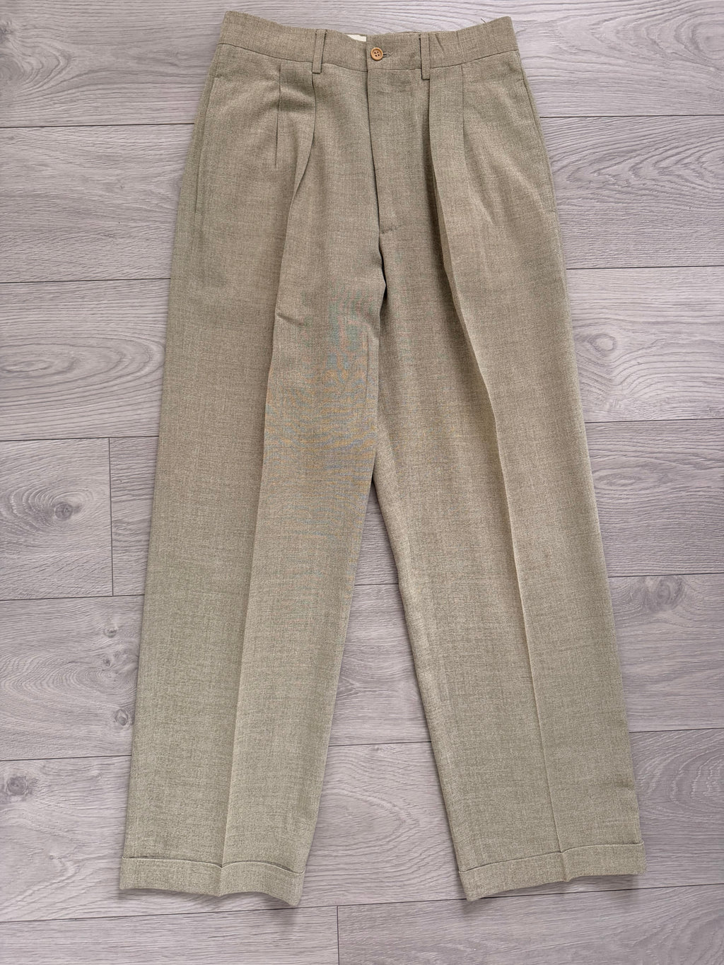 Giorgio Armani Black Label 1990s 2B Pleated Rayon Wool Draped Suit Taupe Beige - Size S Jacket / 29" Waist