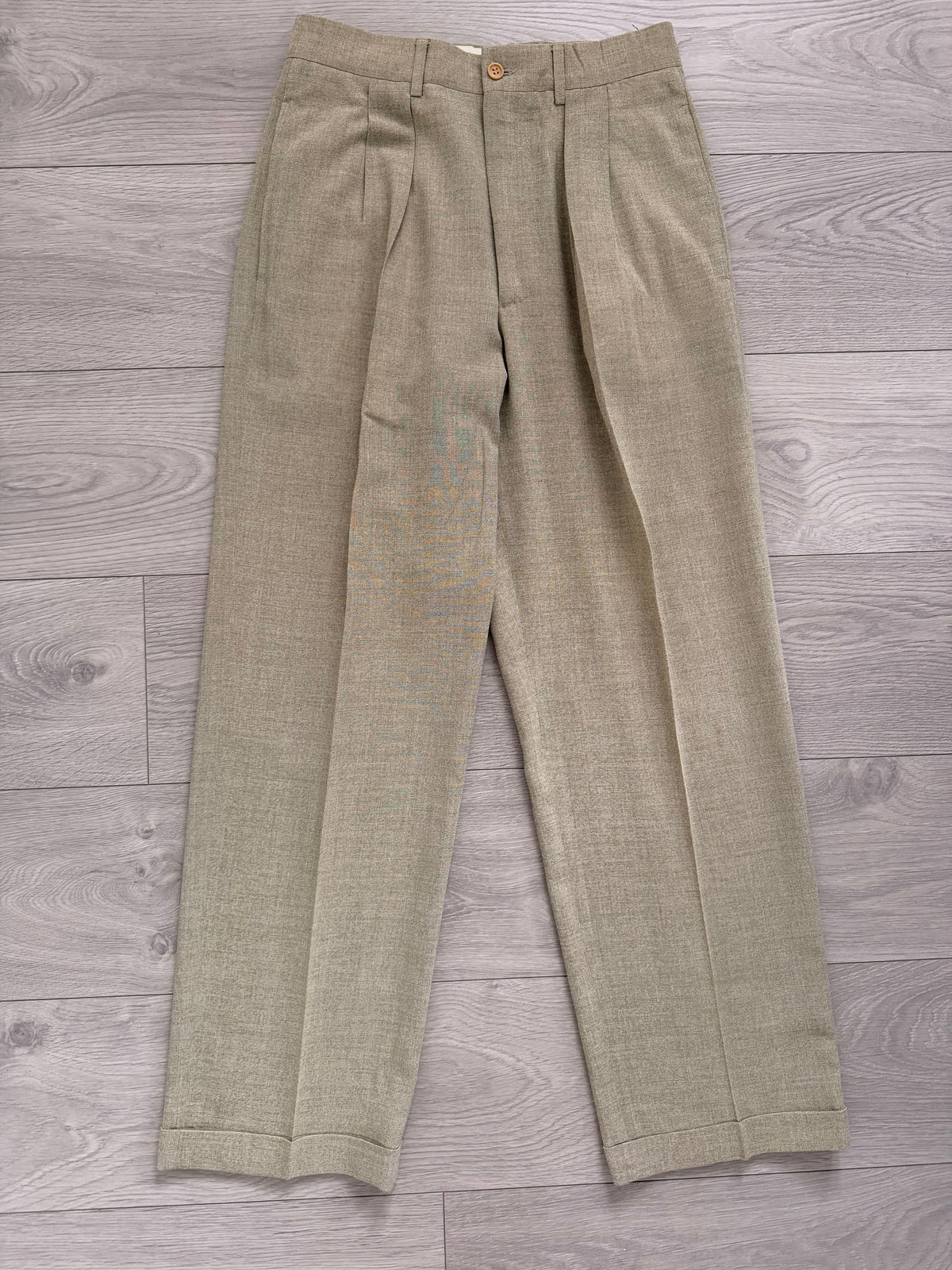 Giorgio Armani Black Label 1990s 2B Pleated Rayon Wool Draped Suit Taupe Beige - Size S Jacket / 29" Waist