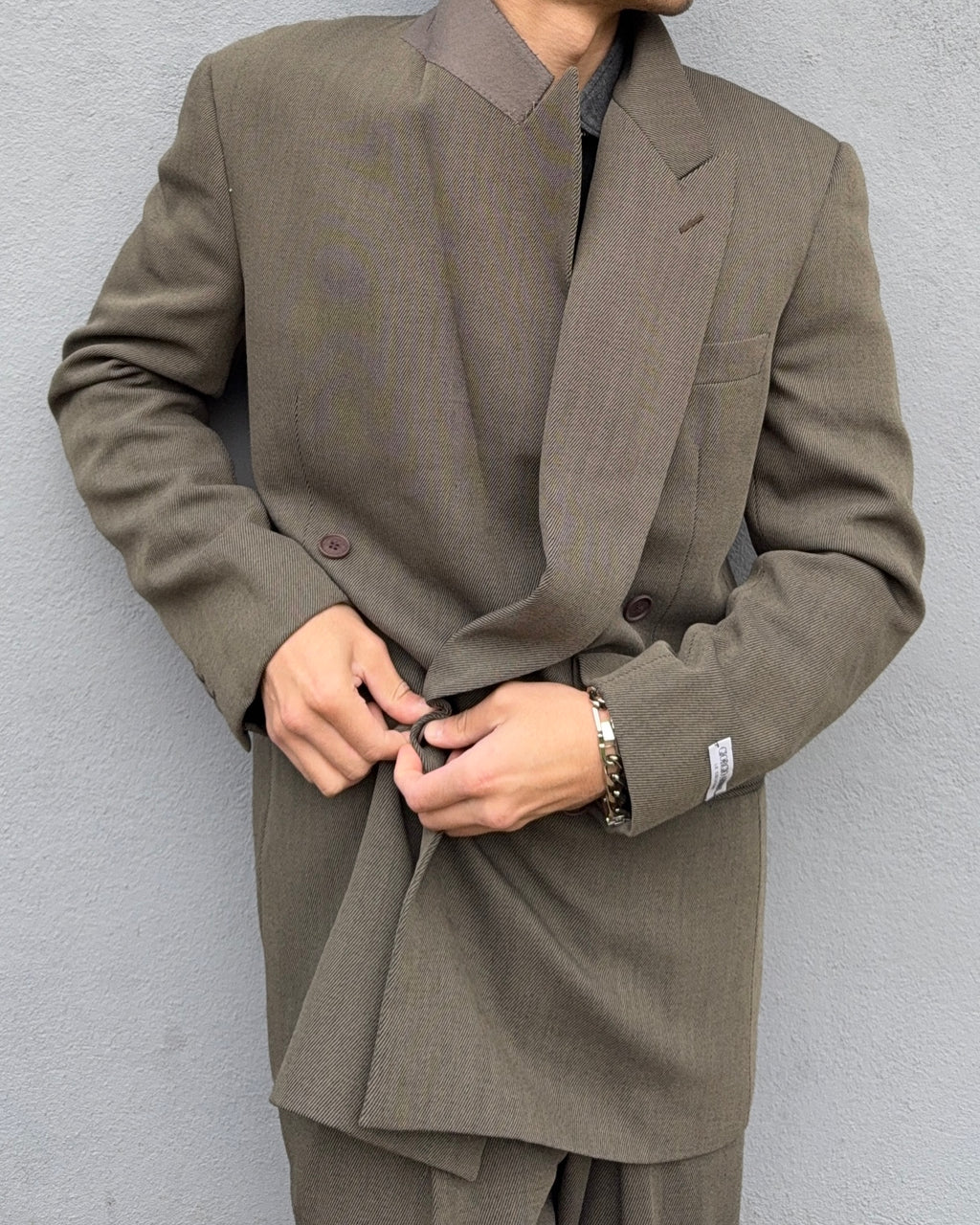 Giorgio Armani 1980s Double Breasted Pleated Wool Suit Olive Taupe New - Size L Jacket / 32" Waist