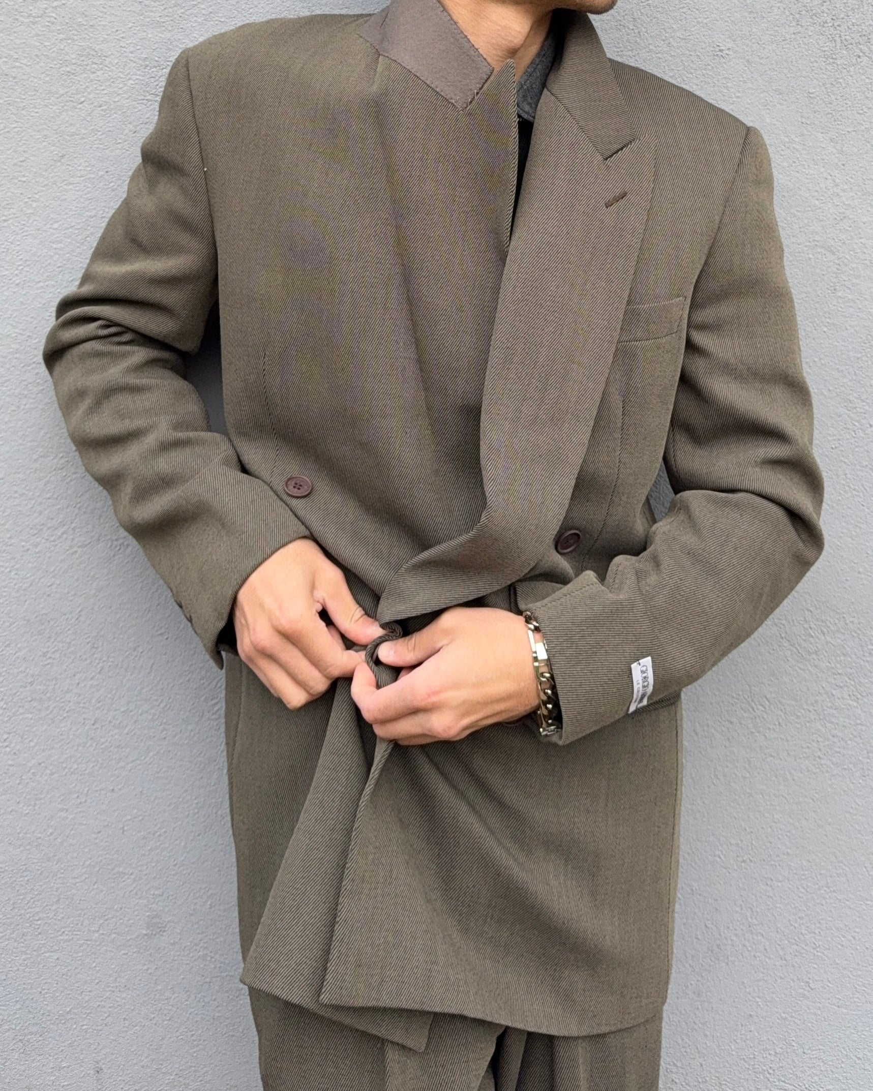 Giorgio Armani 1980s Double Breasted Pleated Wool Suit Olive Taupe New - Size L Jacket / 32" Waist