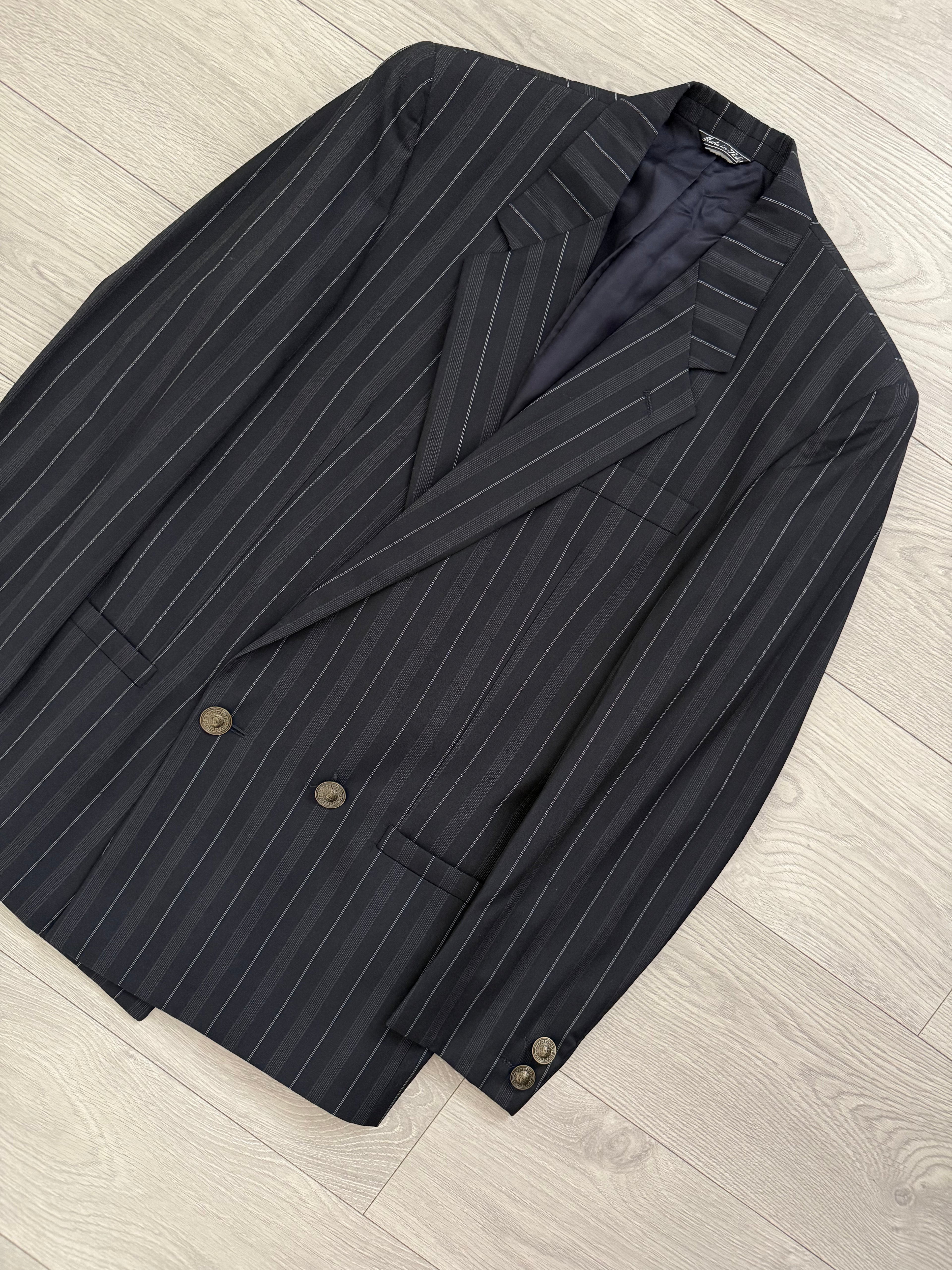 Versace 1980s Metal Button Notch Lapel Double Breasted Pleated Wool Striped Suit - Size S Jacket / 29" Waist
