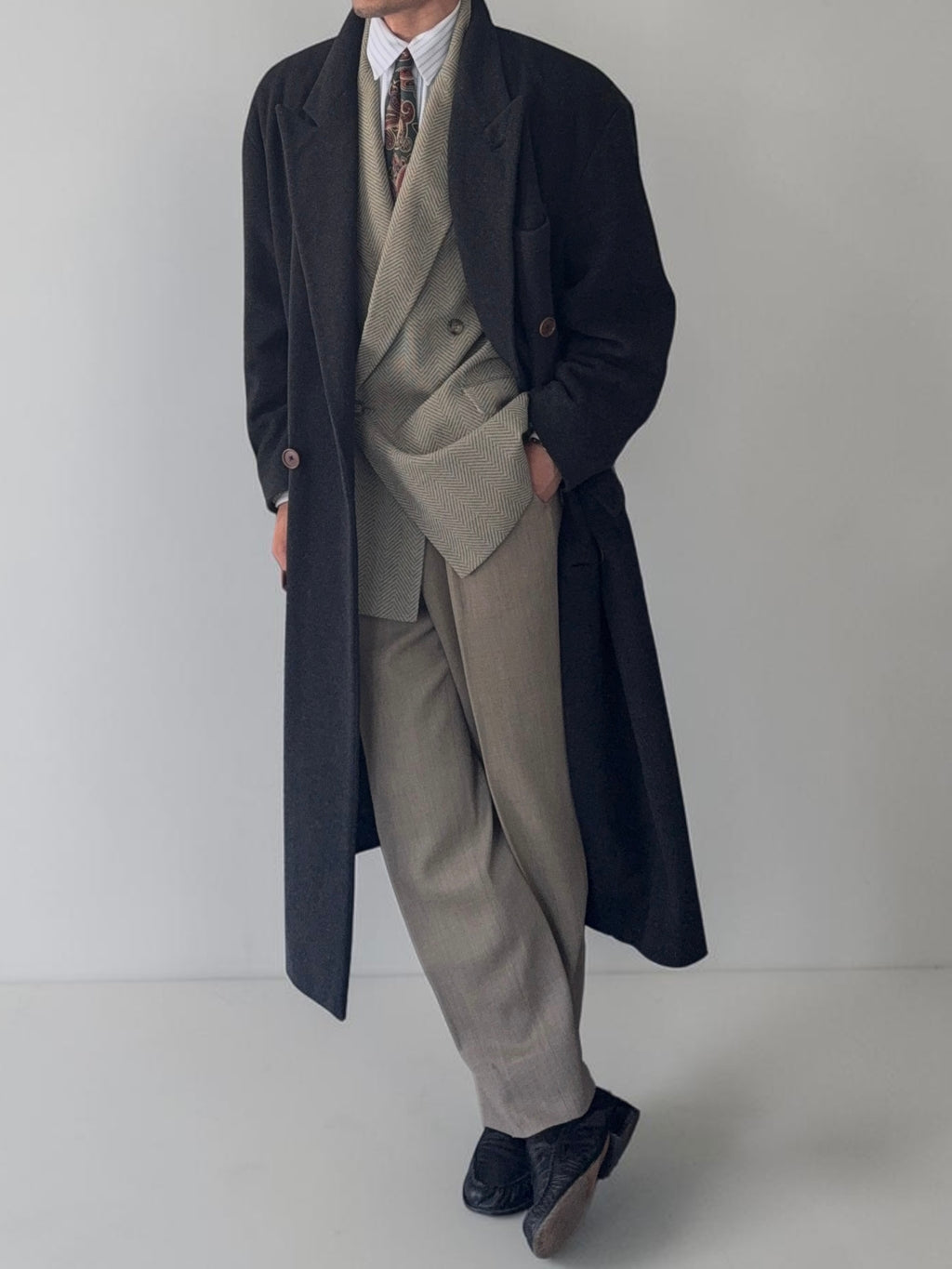 Hugo Boss 1980s 'Facel Vega' Double-Breasted Peaked Lapel Long Wool Coat - Size L
