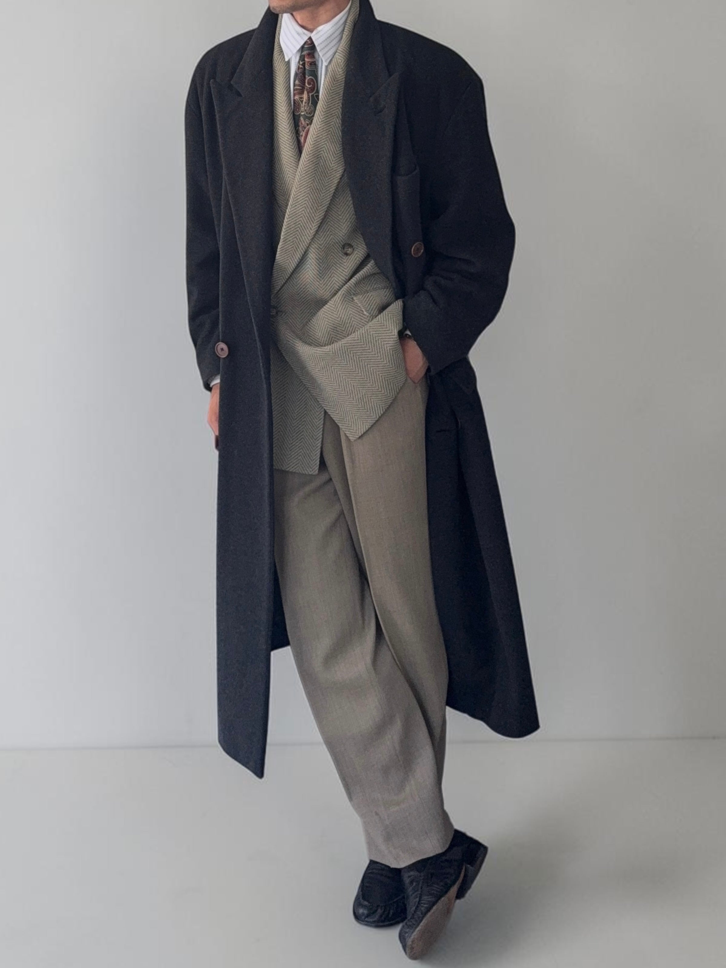 Hugo Boss 1980s 'Facel Vega' Double-Breasted Peaked Lapel Long Wool Coat - Size L