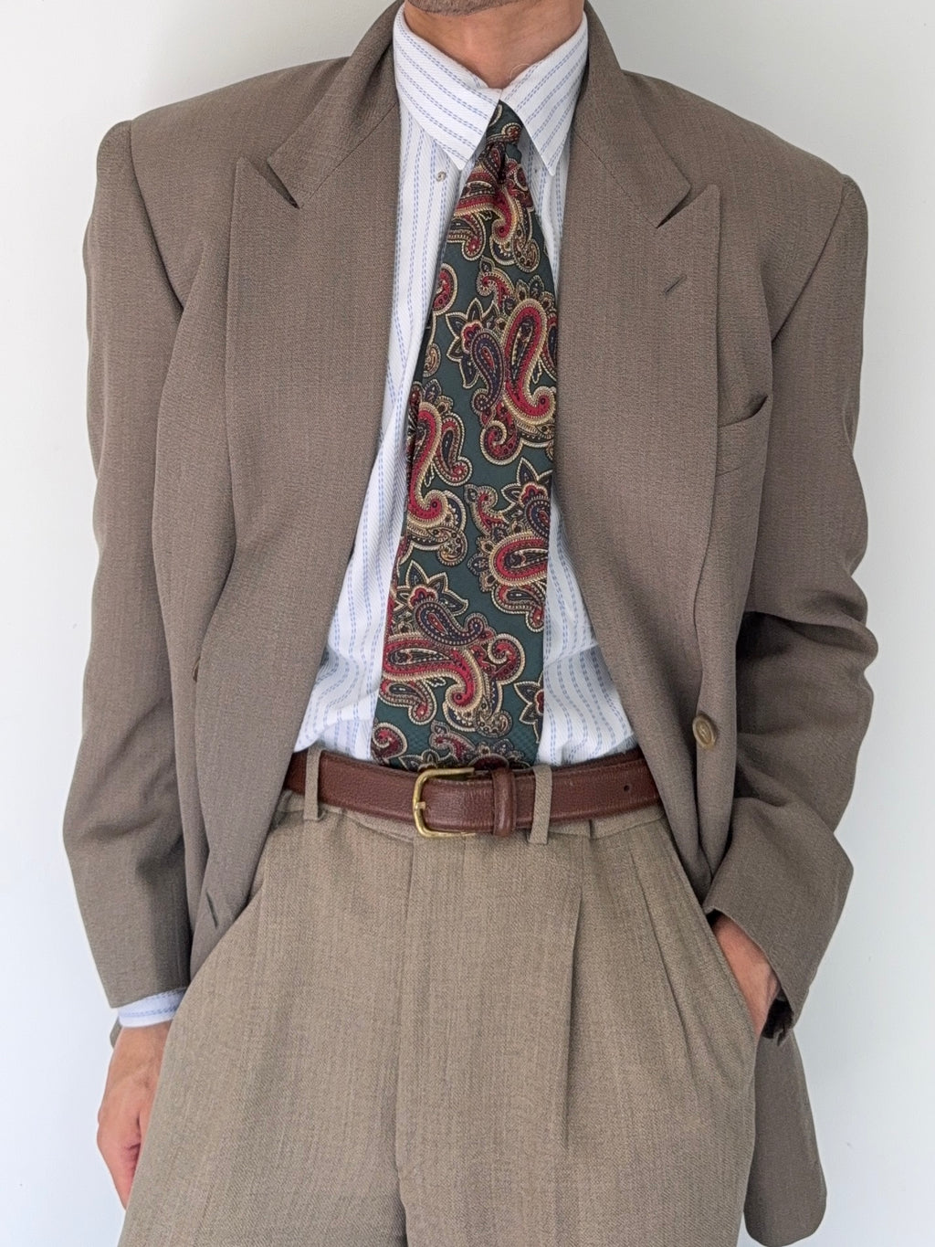 Giorgio Armani 1980s Taupe Beige Peaked Lapel Double Breasted Sports Blazer Jacket - Size M