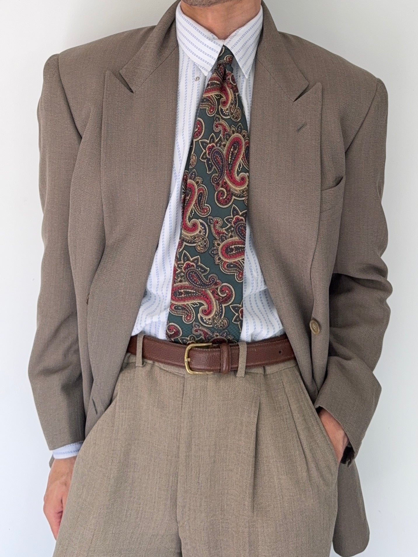Giorgio Armani 1980s Taupe Beige Peaked Lapel Double Breasted Sports Blazer Jacket - Size M
