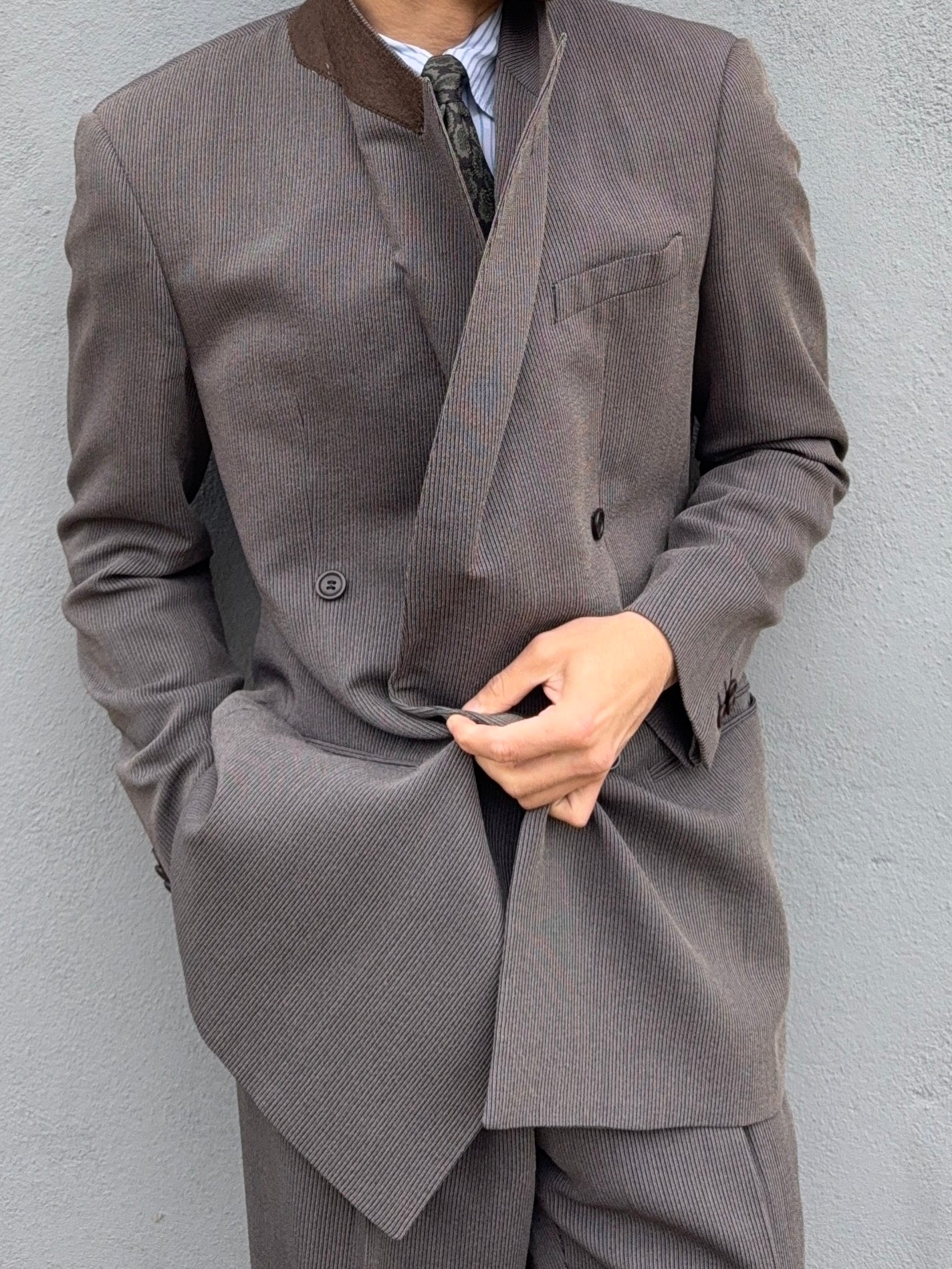 Armani 1990s Double Breasted Pleated Wool Textured Suit - Size M Jacket / 32" Waist