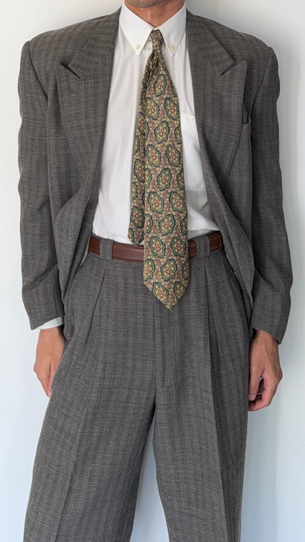 Emporio Armani 1980s Peaked Lapel Double Breasted Textured Wool Pleated Suit - Size S Jacket / 28" Waist