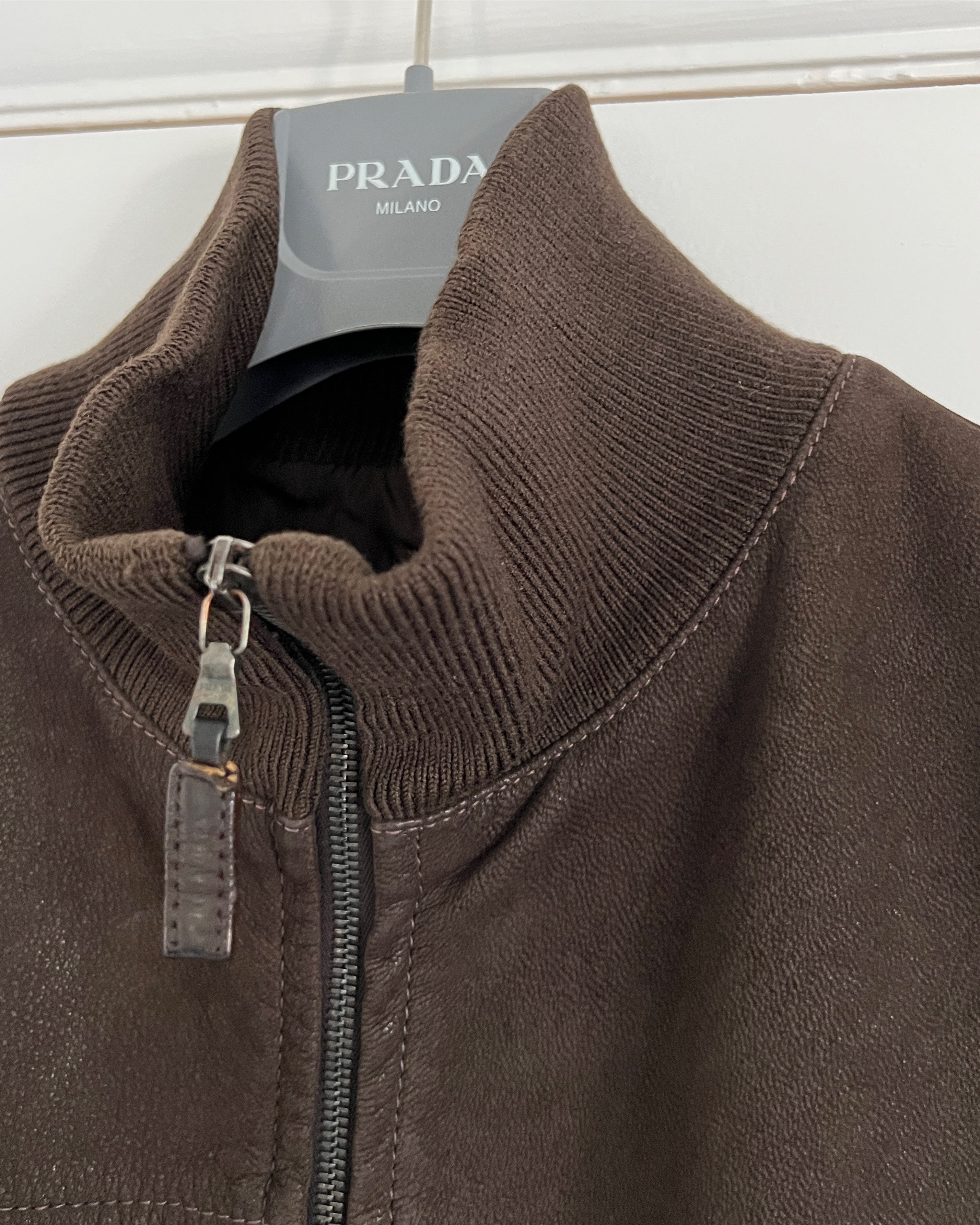 Prada brown outlet leather jacket