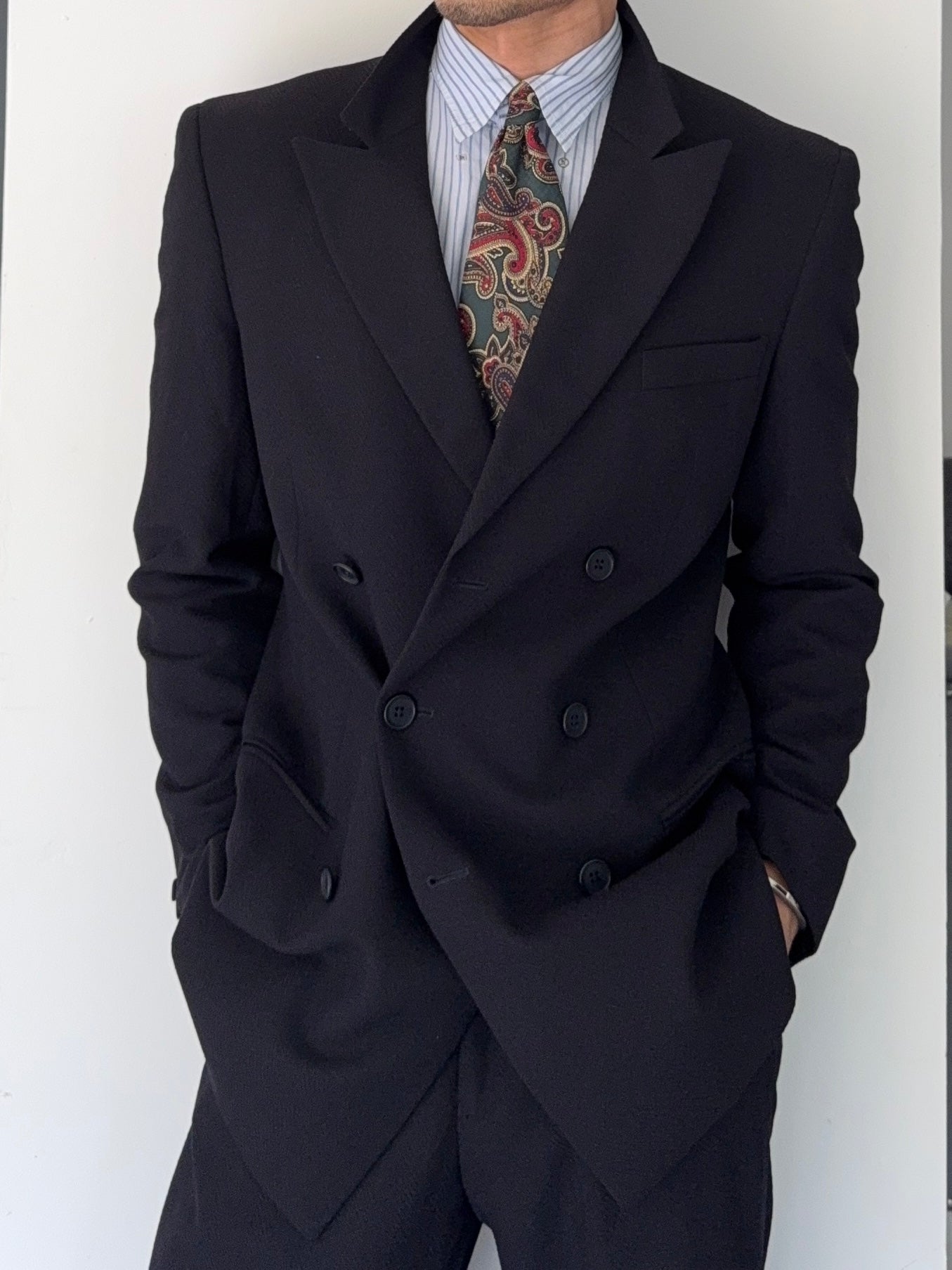 Emporio Armani 1990s 6B Peaked Lapel Double Breasted Herringbone Wool Suit Navy - Size S Jacket / 30" Waist
