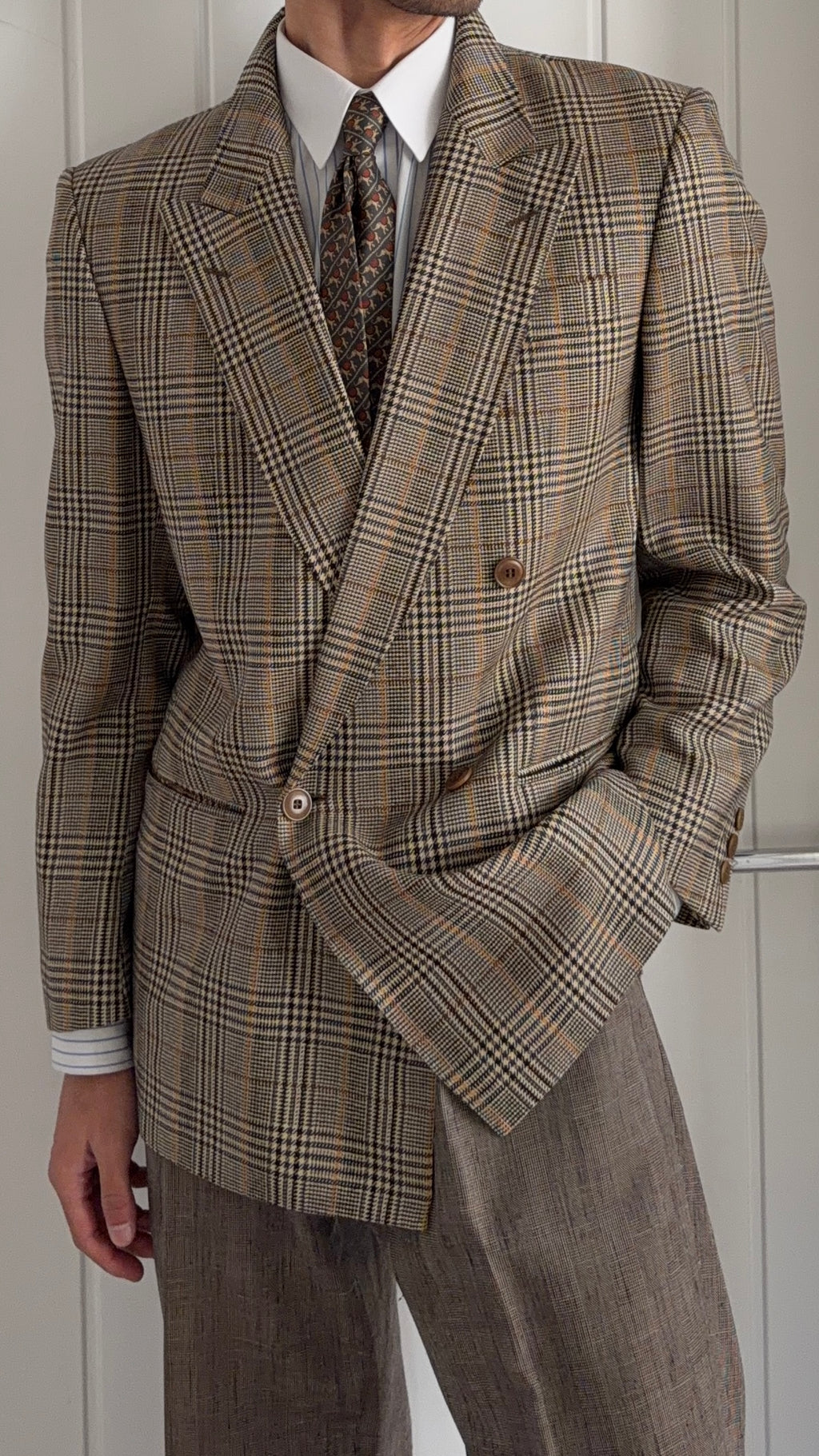 Bruno Kirches 1990s Double Breasted Check Wool Textured Sport Jacket Blazer - Size S