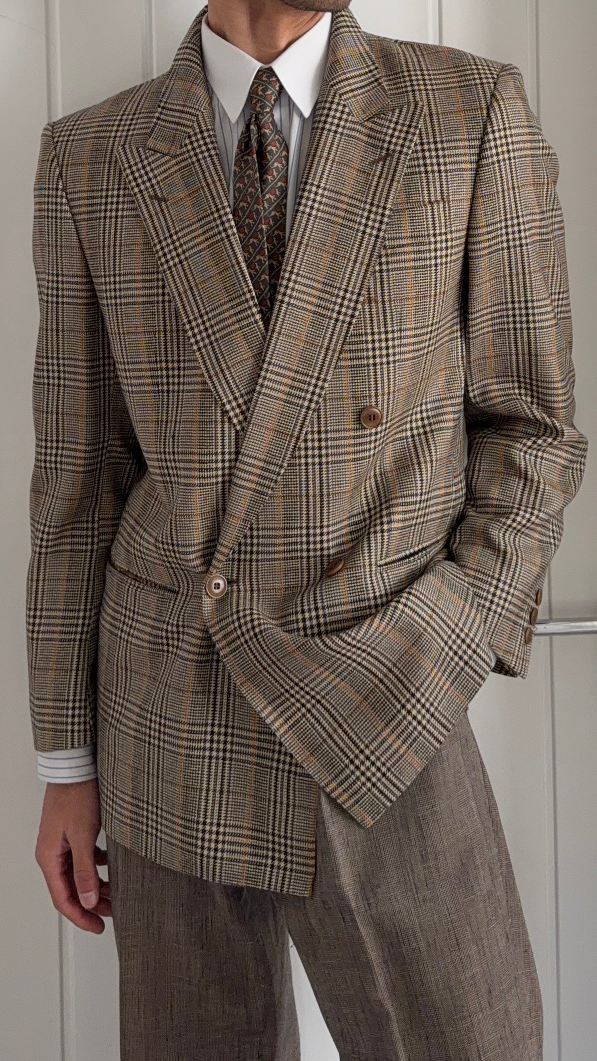 Bruno Kirches 1990s Double Breasted Check Wool Textured Sport Jacket Blazer - Size S
