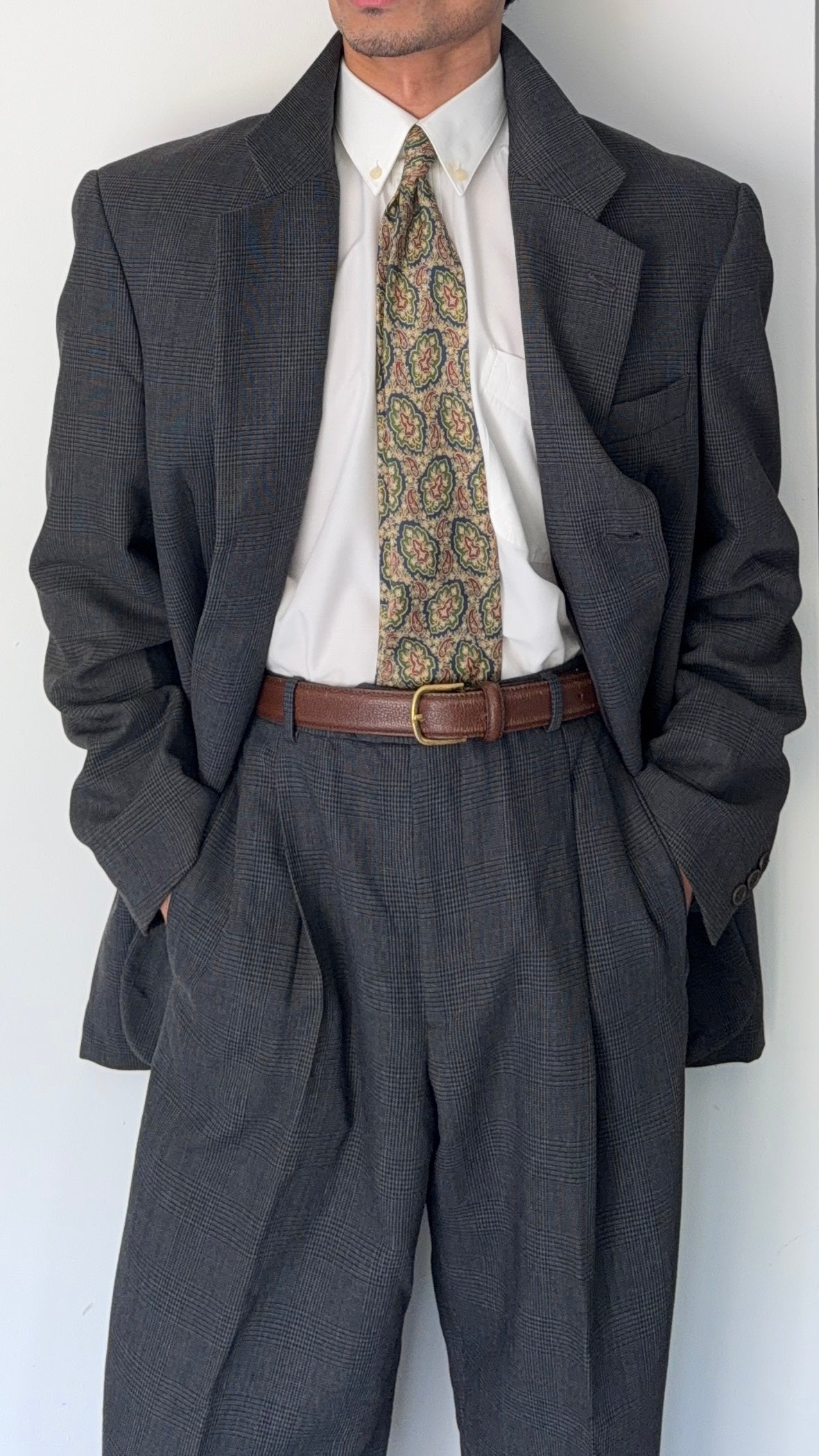Emporio Armani 1990s 3B Prince of Wales Check Grey Pleated Wool Suit - Size L Jacket / 32" Waist
