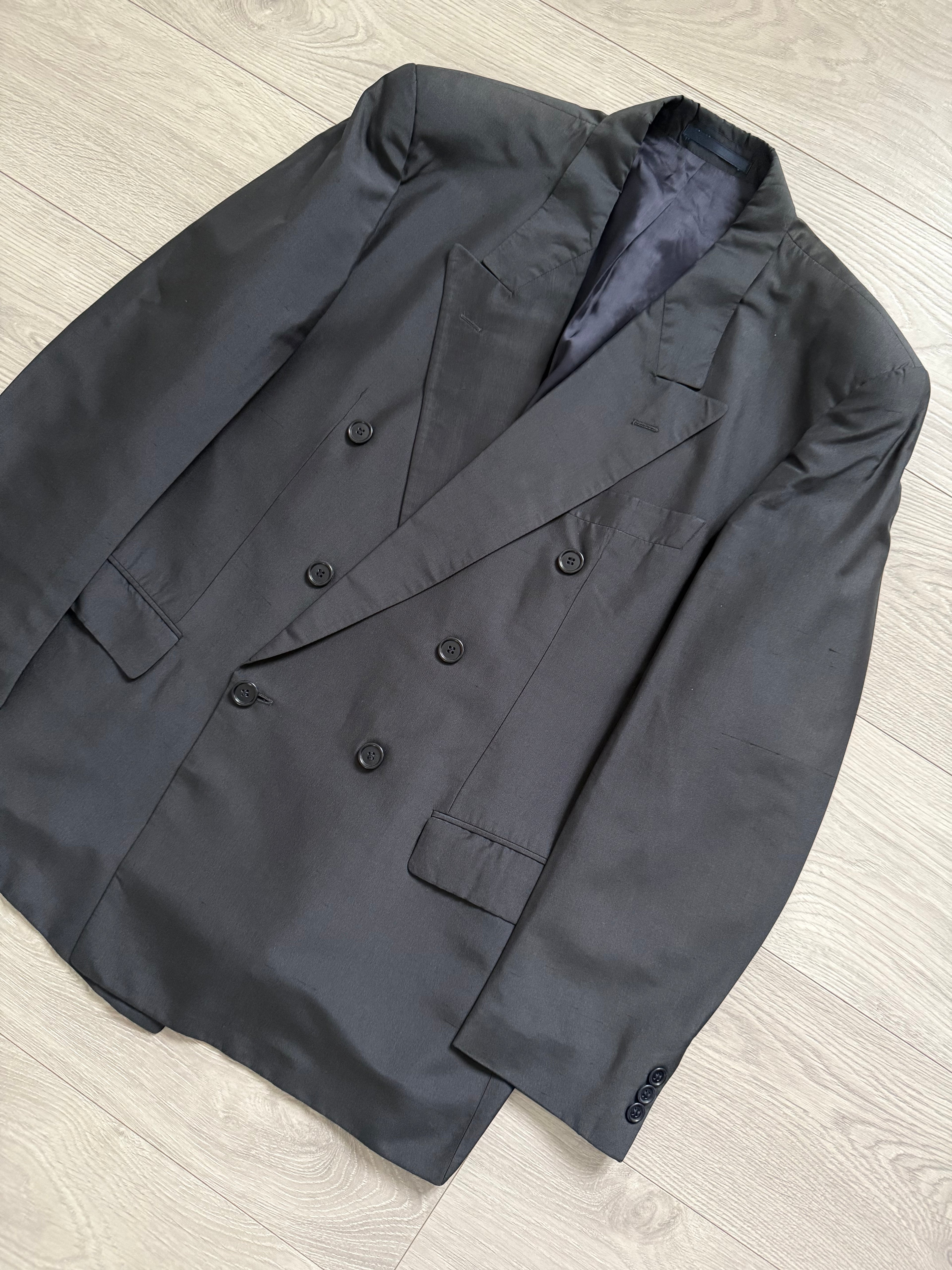 Hugo Boss 1980s 'Tango' Double Breasted Peaked Lapel Silk Suit - Size XL Jacket / 35" Waist