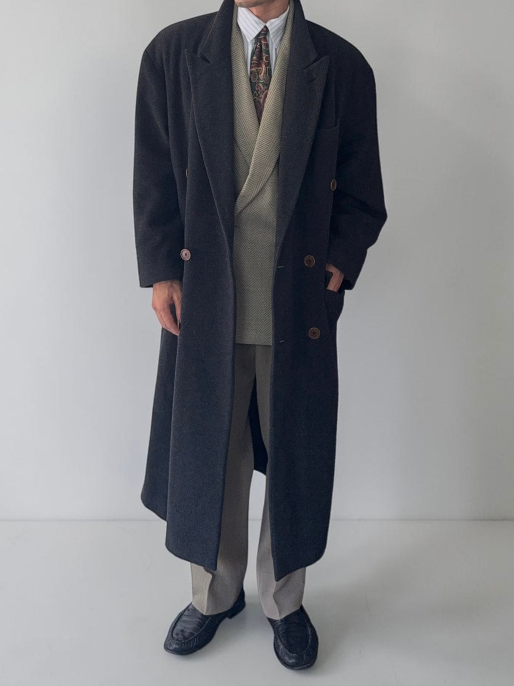 Hugo Boss 1980s 'Facel Vega' Double-Breasted Peaked Lapel Long Wool Coat - Size L