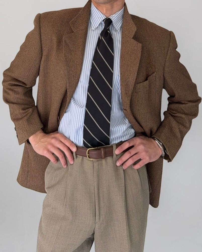 Valentino 1980s Micro Herringbone 3B Tobacco Brown Wool Sports Blazer Jacket - Size L