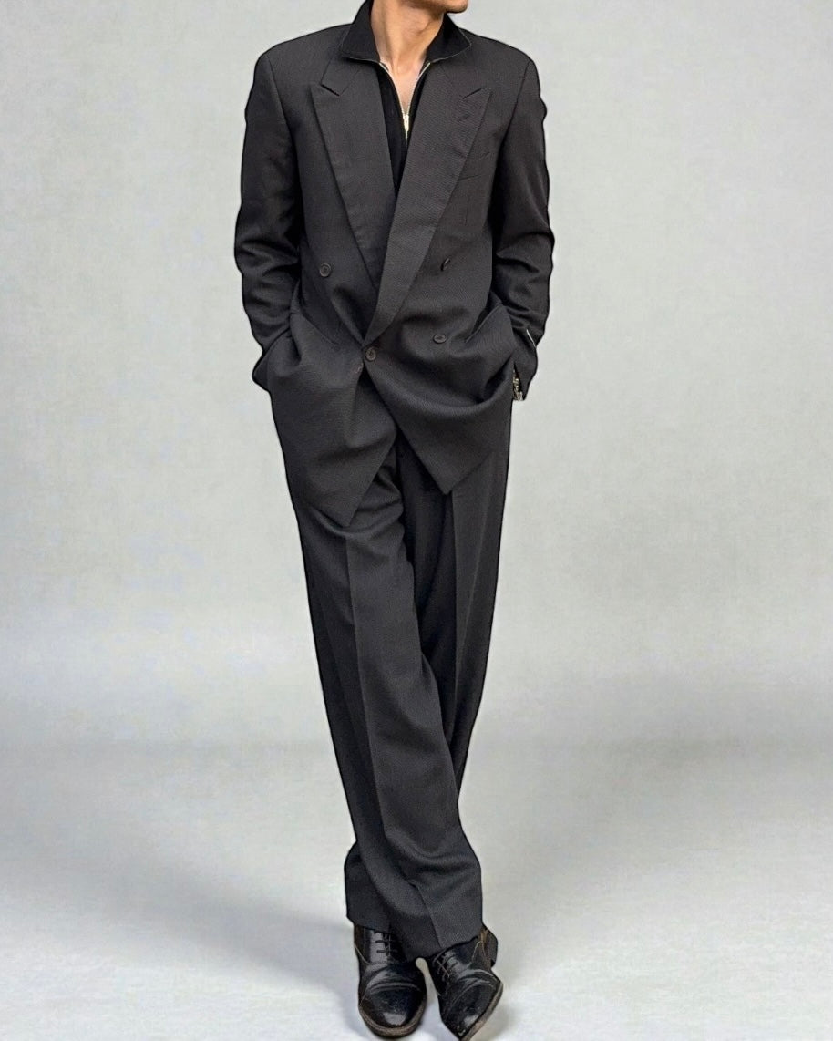 Giorgio Armani 1980s Double Breasted Pleated Wool Suit Black/Grey New - Size L Jacket / 32" Waist