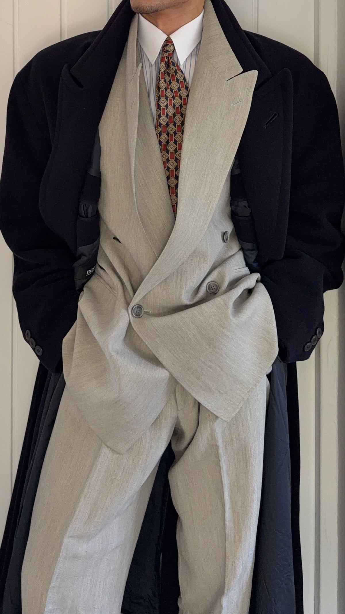 Hugo Boss 1980s 'Yamaha' Peaked Lapel Navy Wool Overcoat - Size XXL