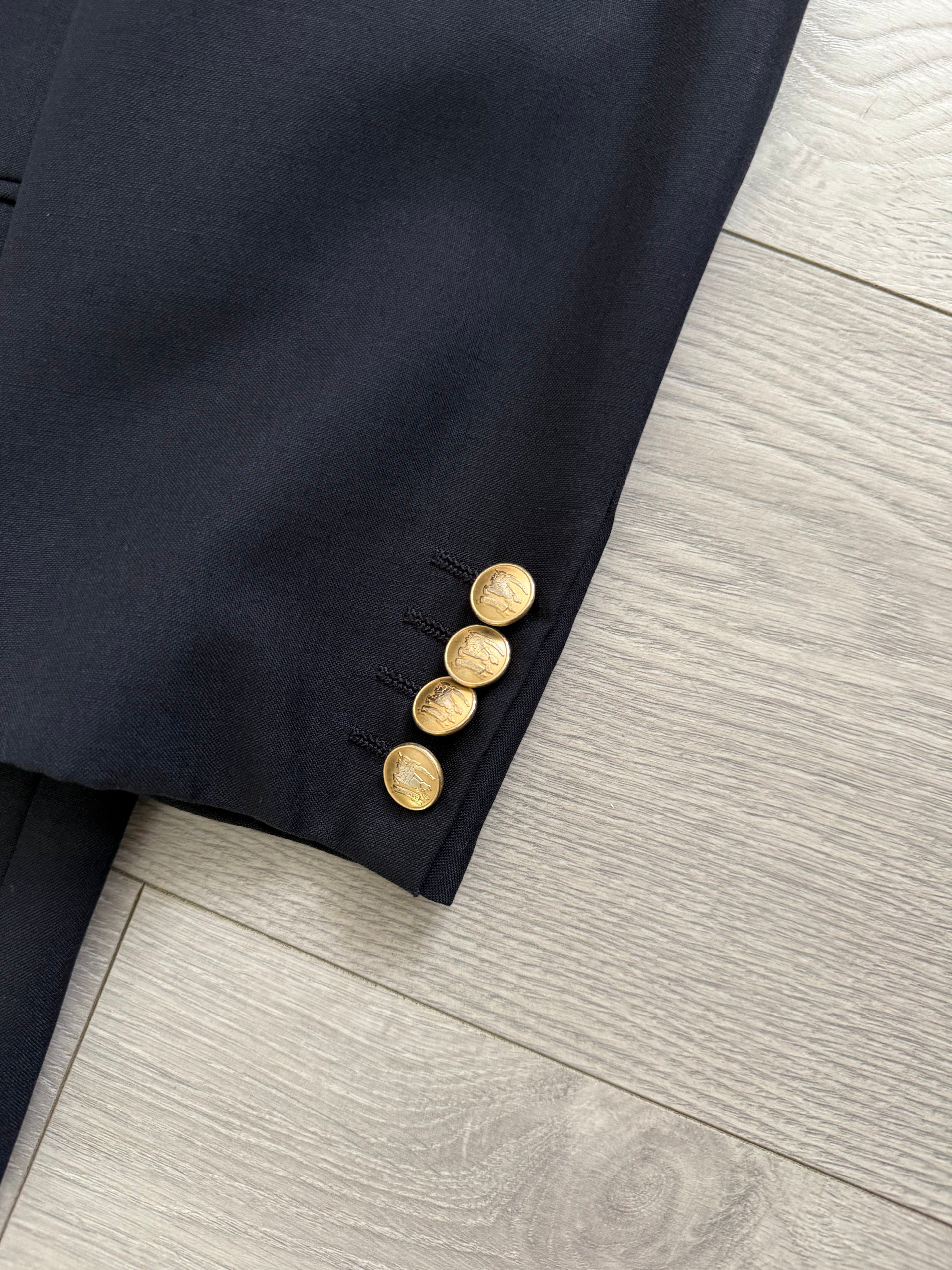 Burberry 1980s Peaked Lapel Double Breasted Pleated Wool Suit Navy - Size S Jacket / 32" Waist