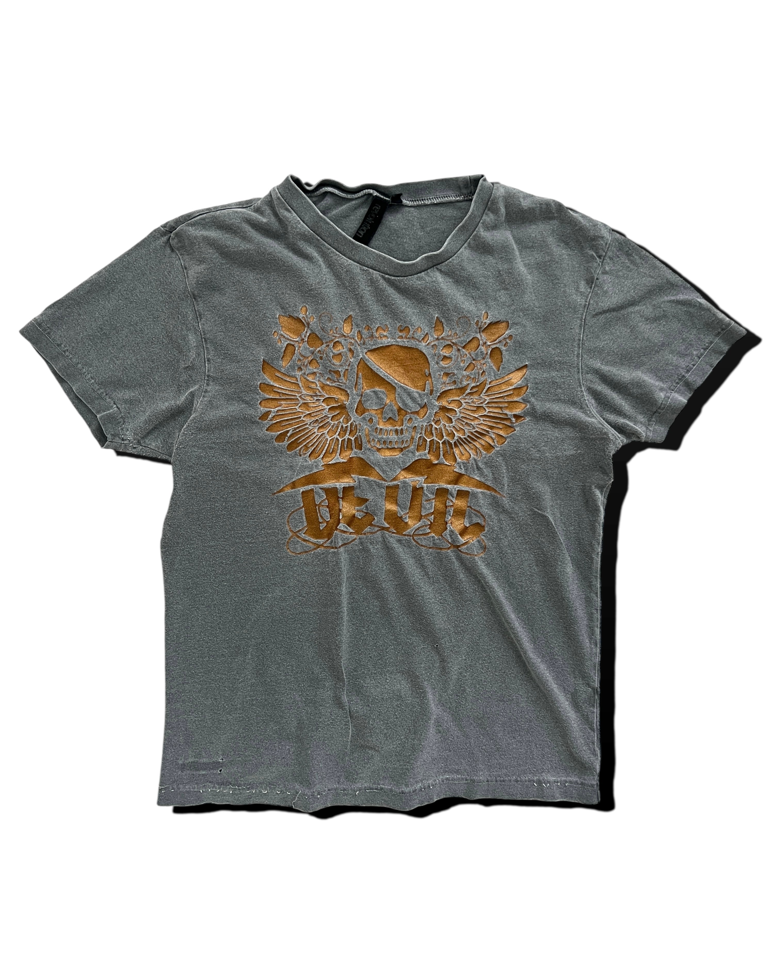 Revolution Skull Print Distressed T-Shirt - Size S