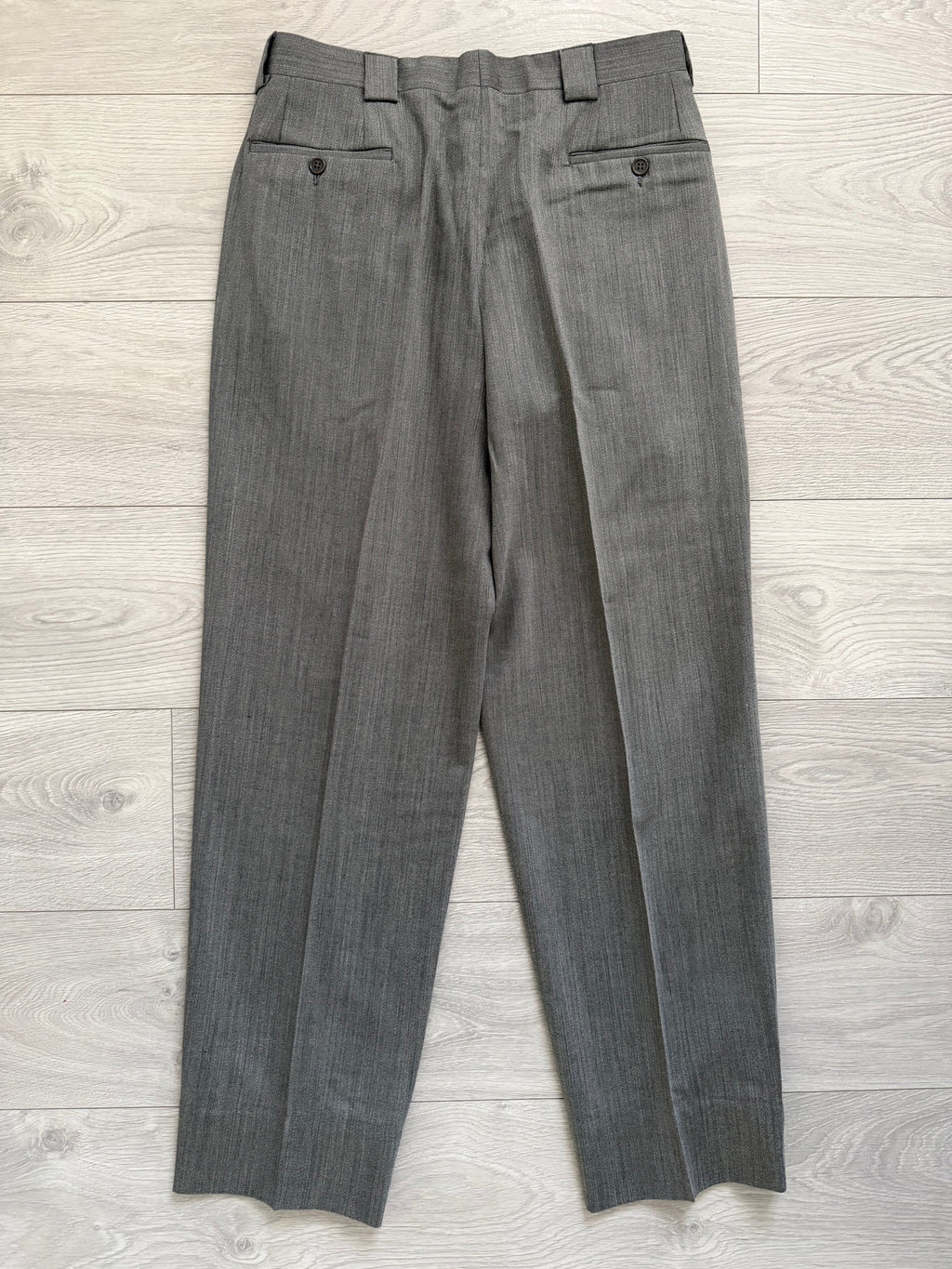 Giorgio Armani 1980s Peaked Lapel Double Breasted Herringbone Wool Grey Suit - Size M Jacket / 32" Waist