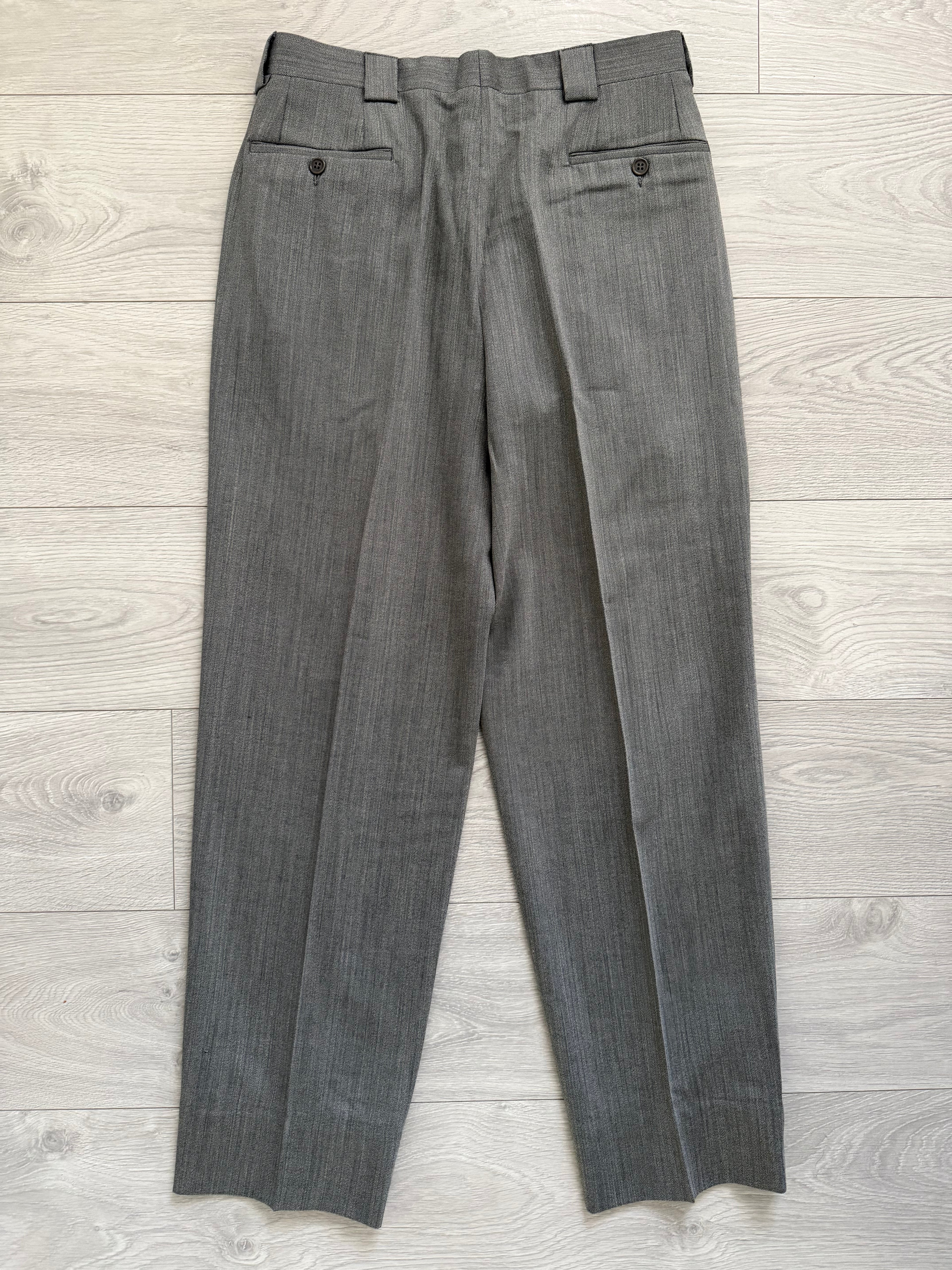 Giorgio Armani 1980s Peaked Lapel Double Breasted Herringbone Wool Grey Suit - Size M Jacket / 32" Waist