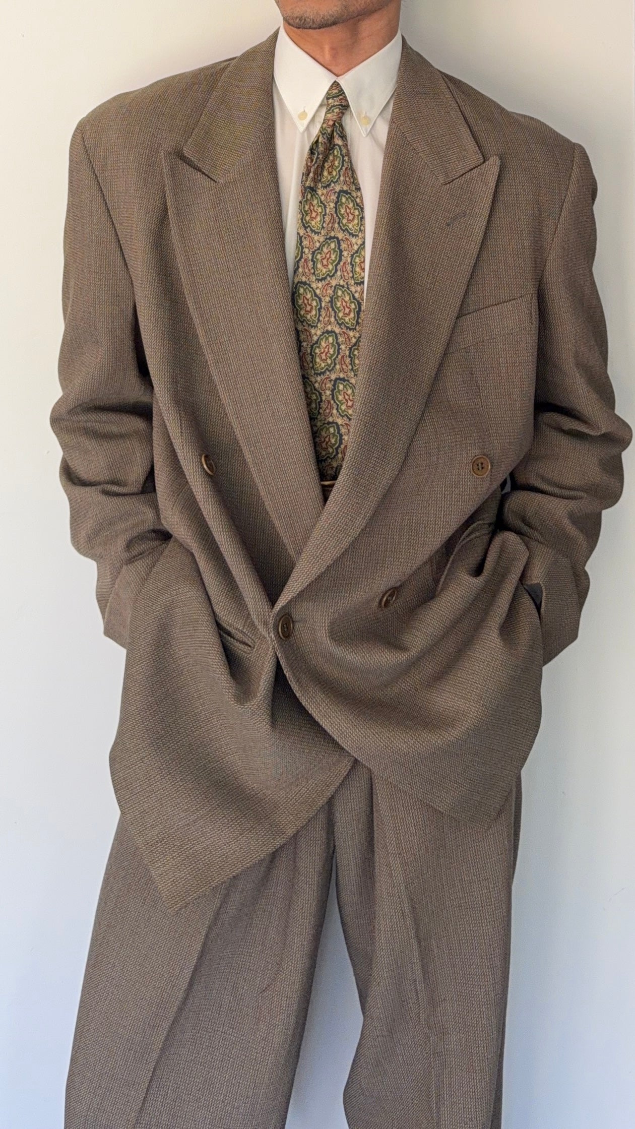 Emporio Armani 1990s Peaked Lapel Double Breasted Textured Weave Pleated Wool Suit - Size XL Jacket / 34" Waist