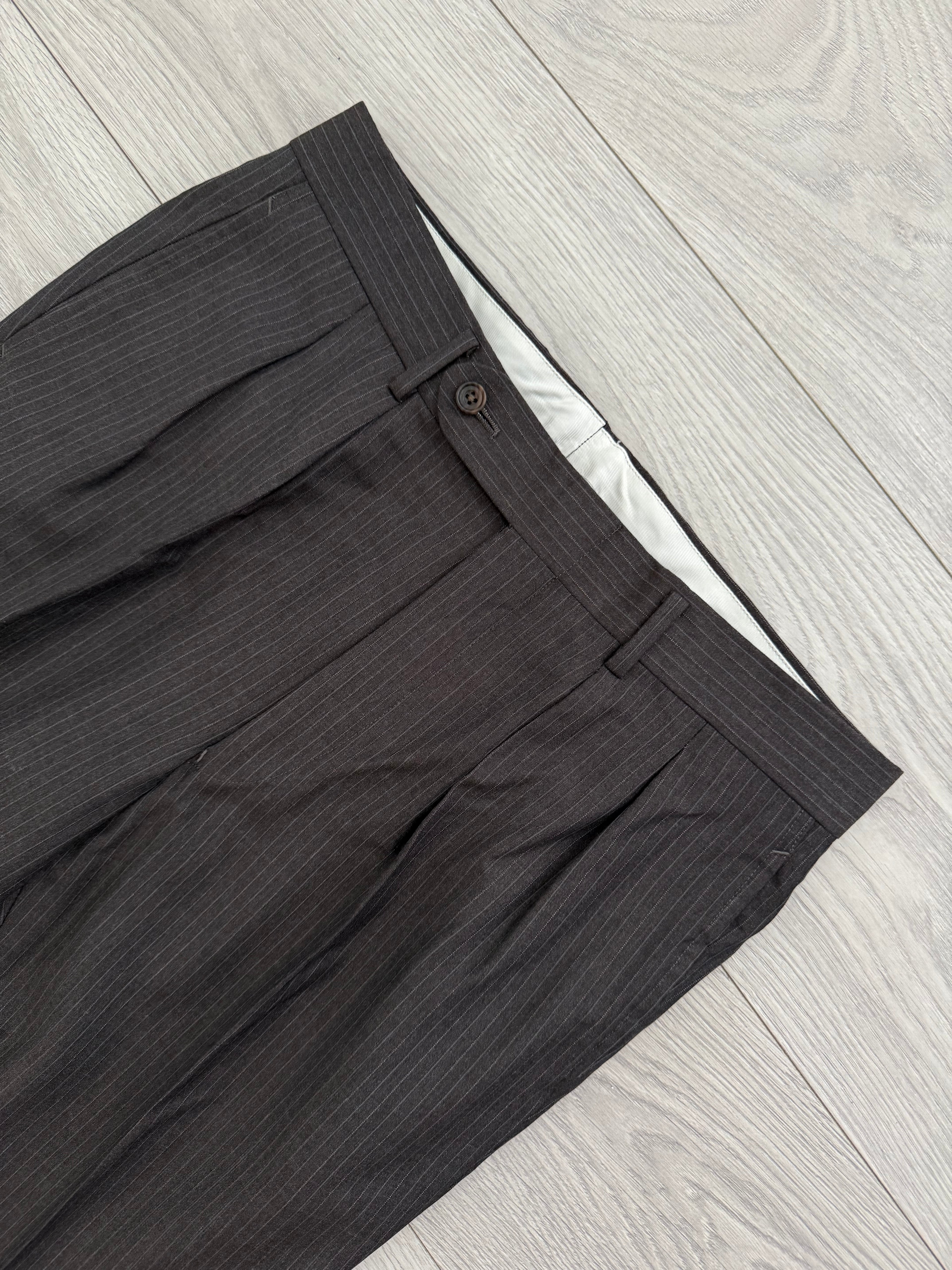Burberry 1990s 2B Striped Wool Double-Pleat Espresso Grey Suit - Size M Jacket / 33" Waist
