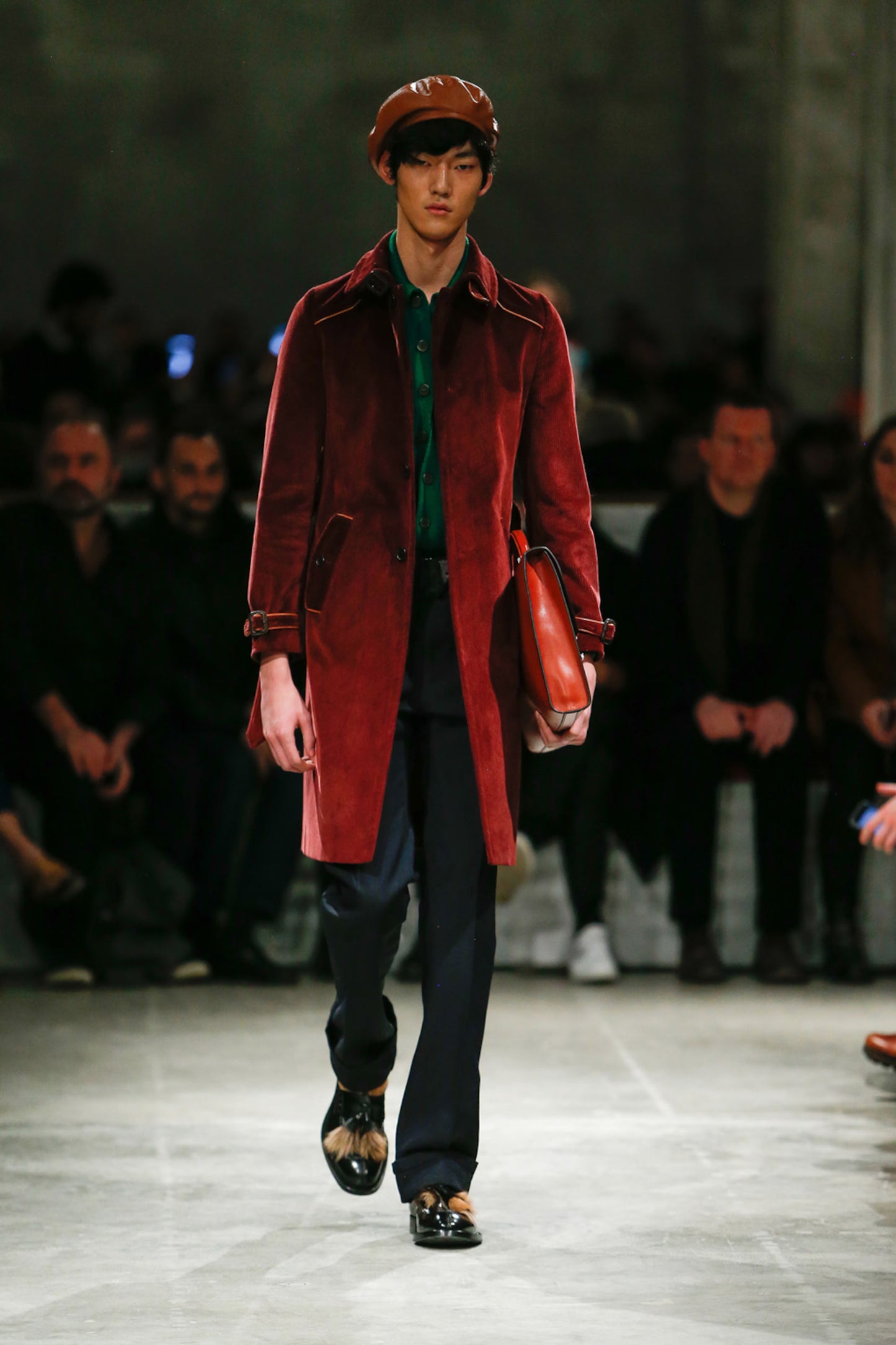 Prada FW2017 Runway Burgundy Red Western Corduroy Belted Coat - Size M