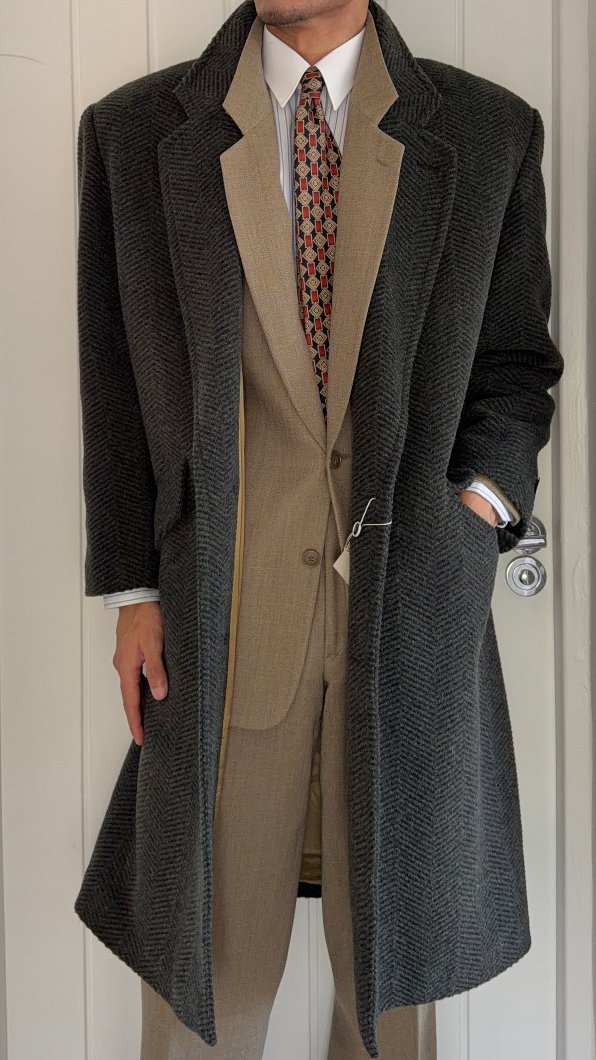 1980s Made in Italy Herringbone Wool Blend Coat Forest Green - Size M