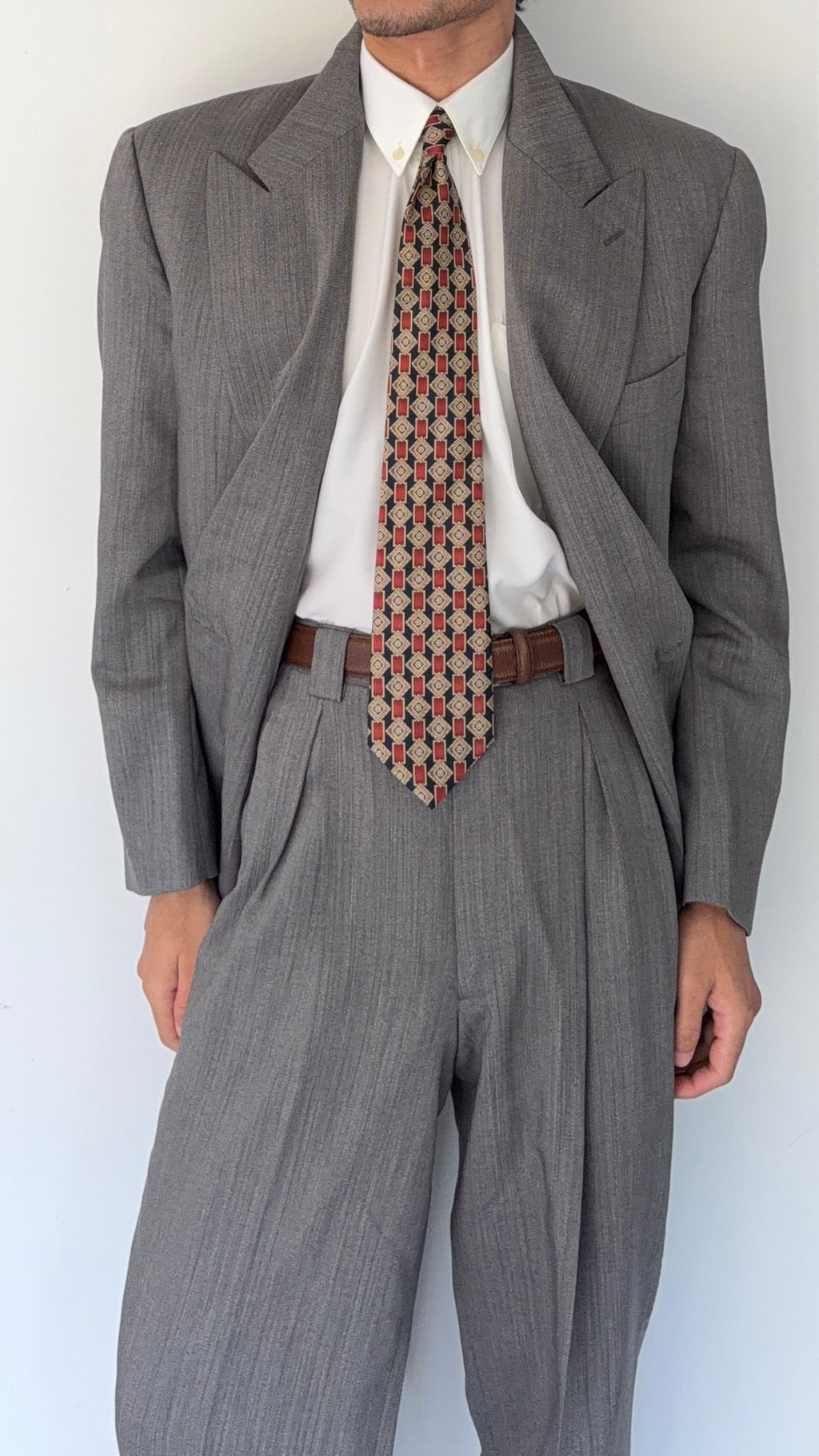 Giorgio Armani 1980s Peaked Lapel Double Breasted Herringbone Wool Grey Suit - Size M Jacket / 32" Waist
