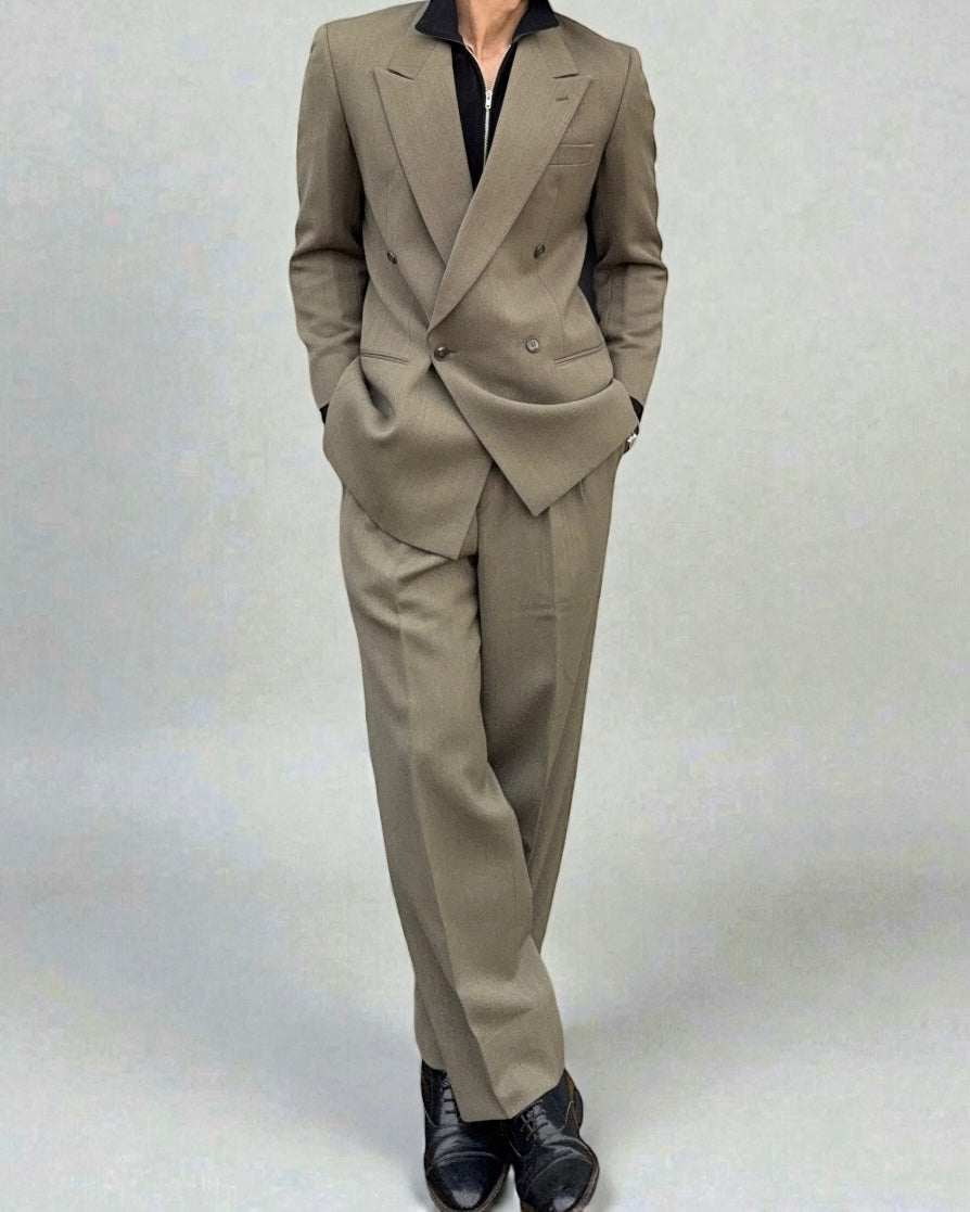 Giorgio Armani 1980s Double Breasted Pleated Wool Suit Sand Taupe - Size S Jacket / 28" Waist
