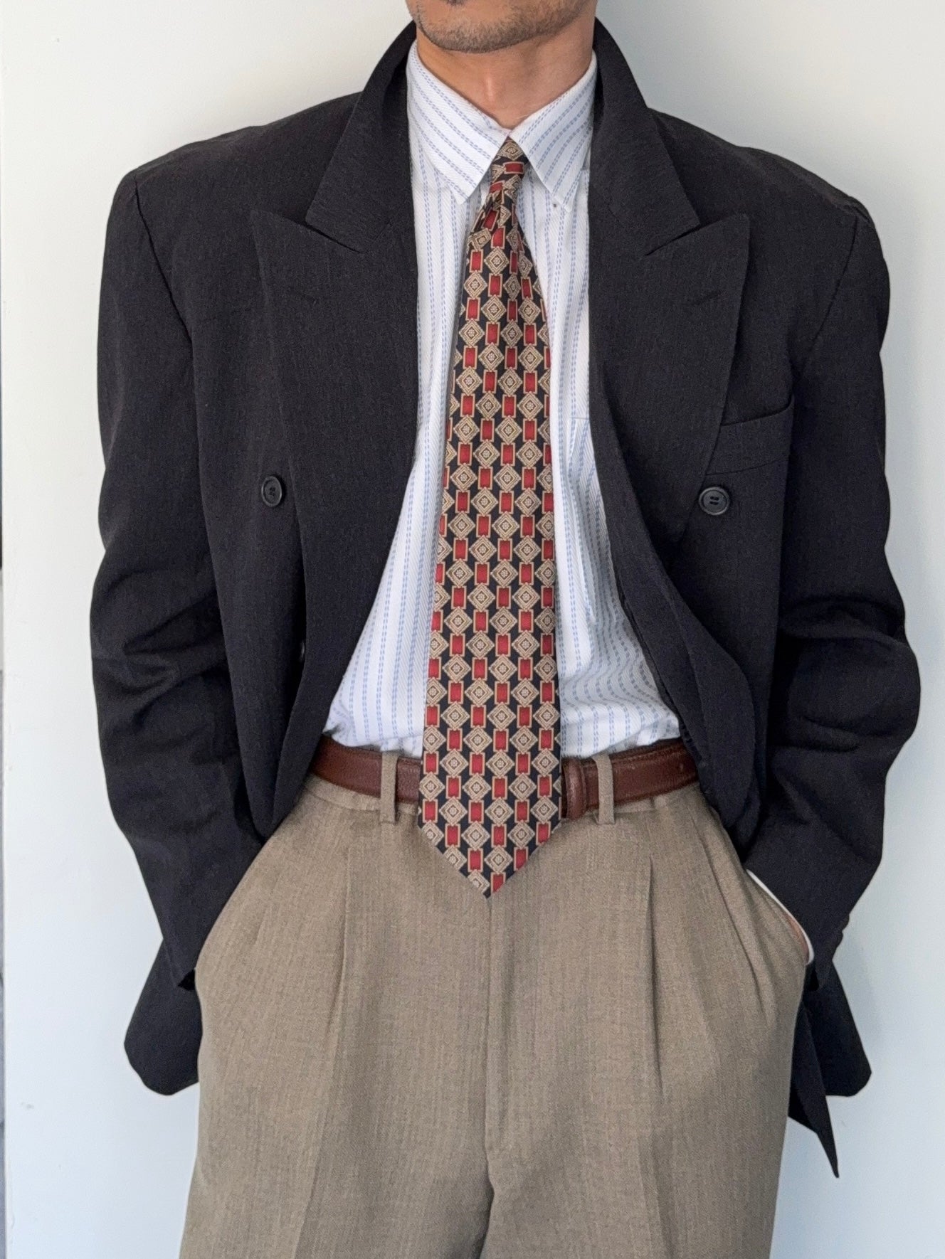 Hugo Boss 1980s 'Al Capone' Grey Peaked Lapel Double Breasted Wool Sports Jacket Blazer - Size L