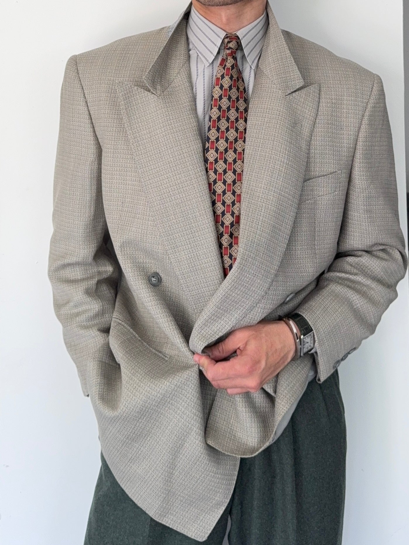 Valentino 1980s Peaked Lapel Double Breasted Grey Wool Blend Textured Sports Jacket Blazer - Size L