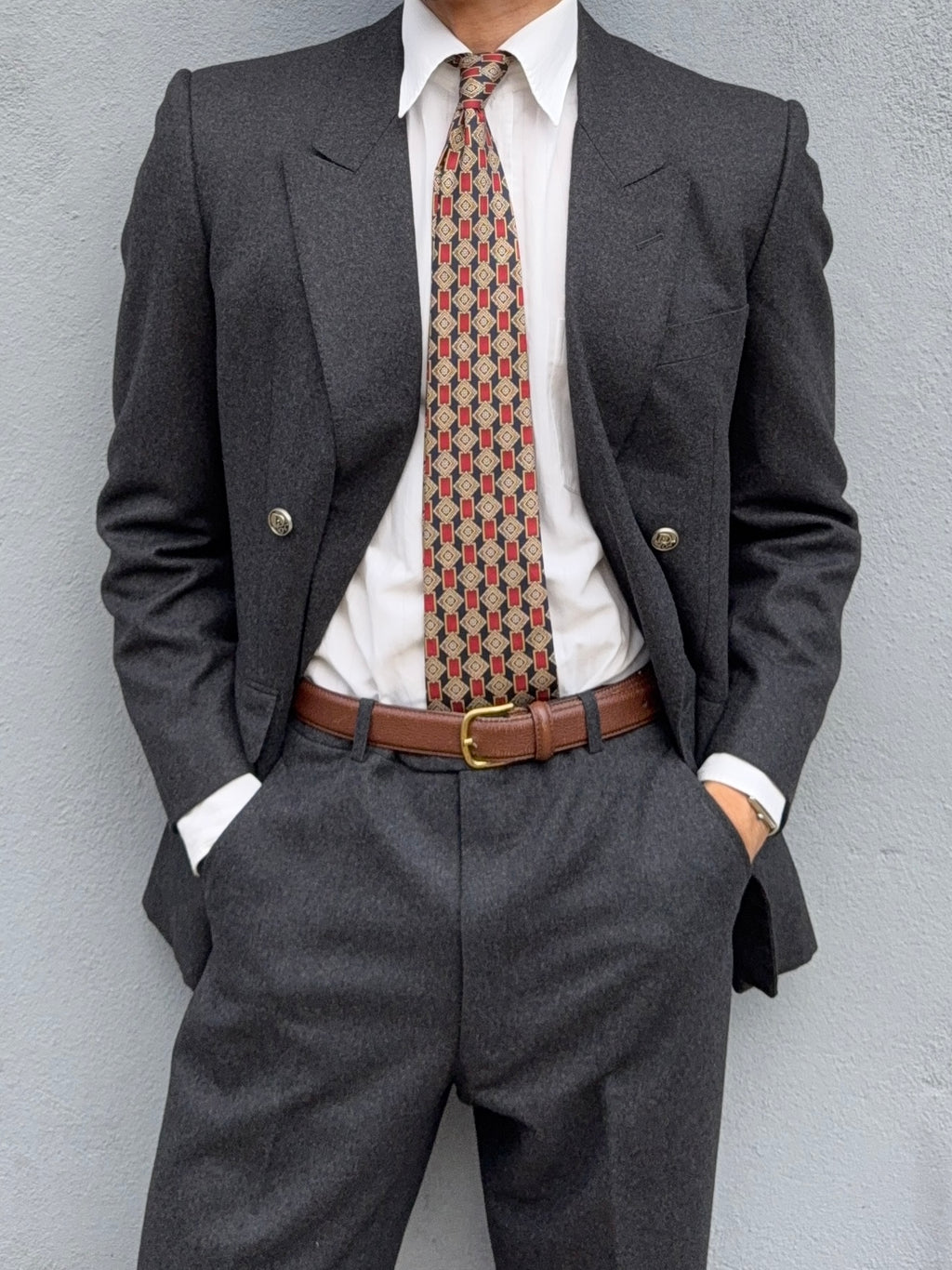 Christian Dior 1980s Peaked Lapel Double Breasted Metal Button Wool Suit - Size S Jacket / 29" Waist