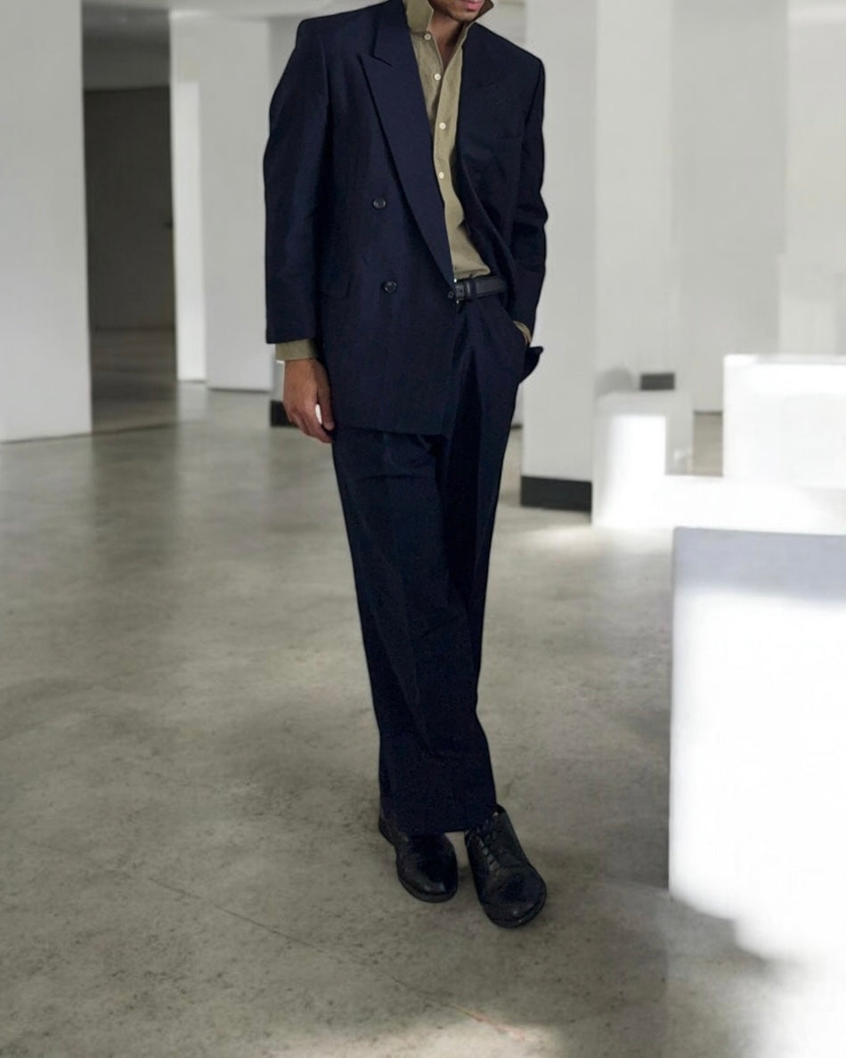 Yves Saint Laurent 1990s Double-Breasted Pleated Striped Blue Wool Suit - Size L Jacket / 32" Waist