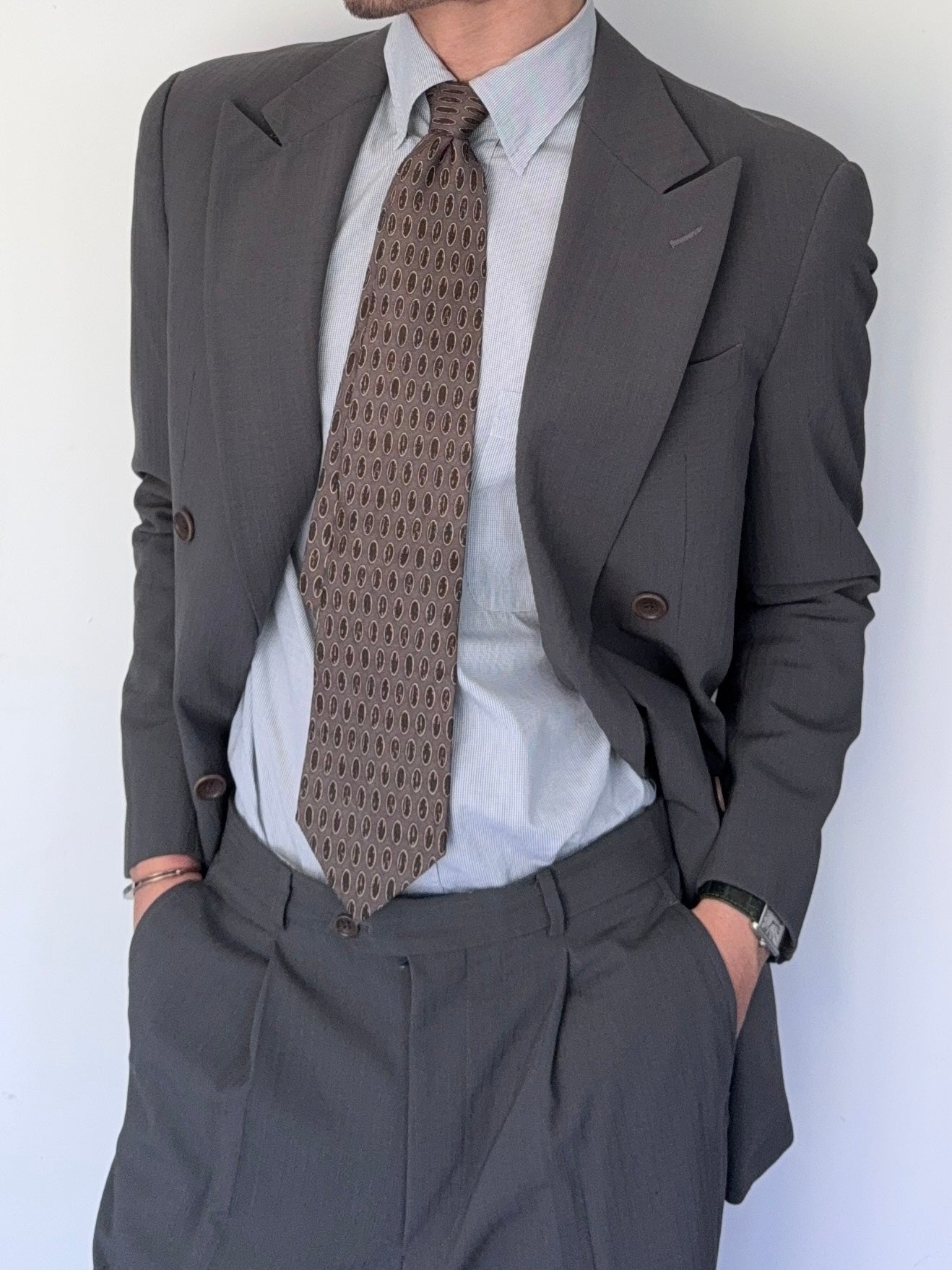 Armani 1990s Double-Breasted Pleated Wool Suit in Grey - Size S Jacket / 30" Waist