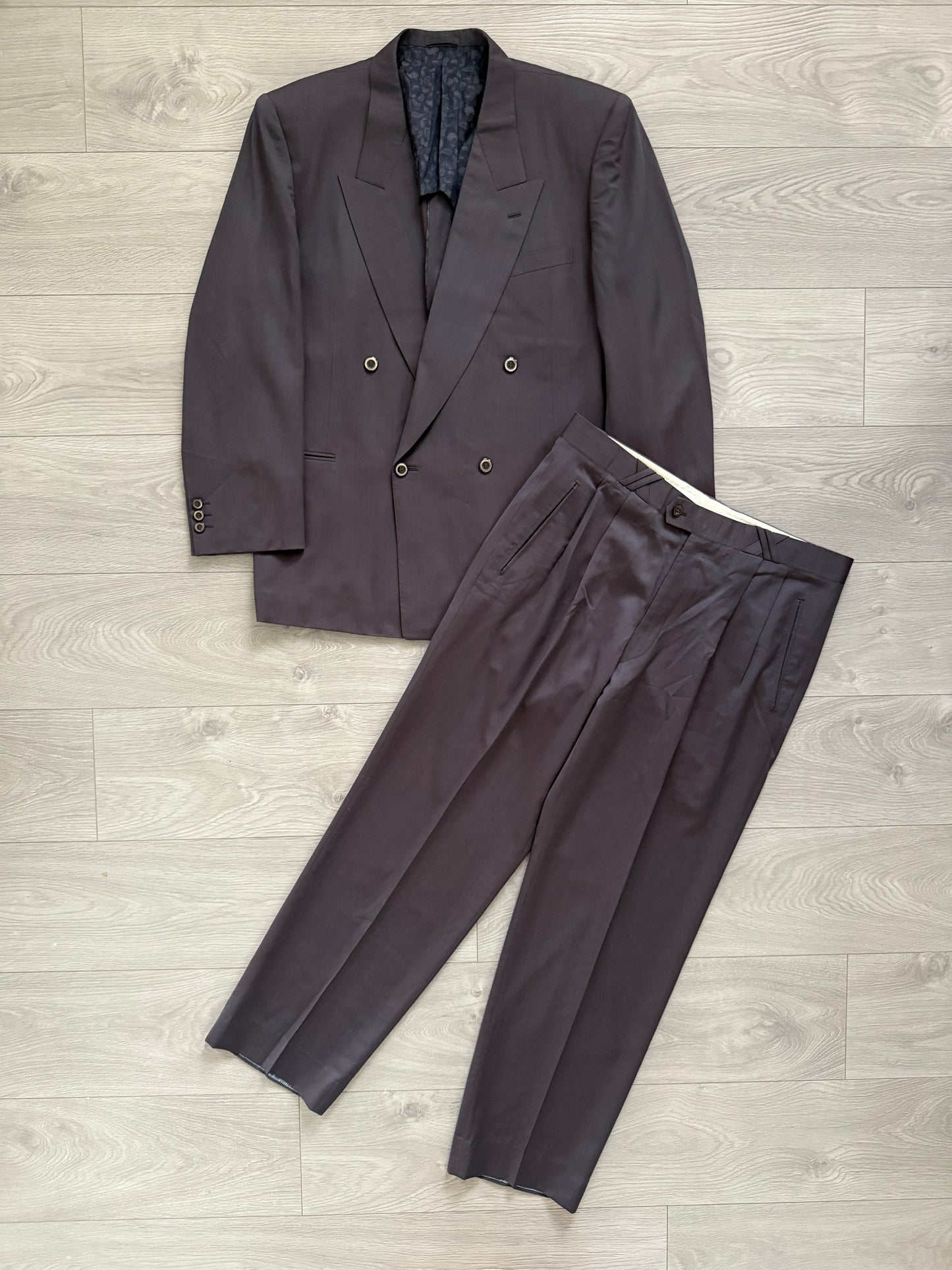 Yves Saint Laurent 1990s Double-Breasted Pleated Wool Suit - Size XL Jacket / 36" Waist