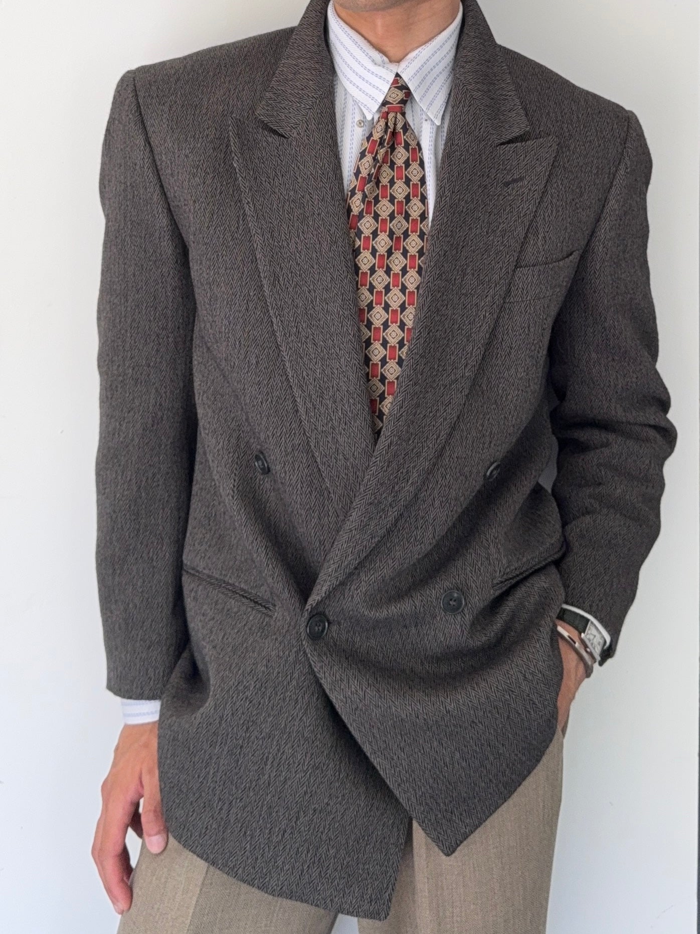 Giorgio Armani Mainline 1980s Chevron Herringbone Double Breasted Wool Sports Jacket Blazer - Size S