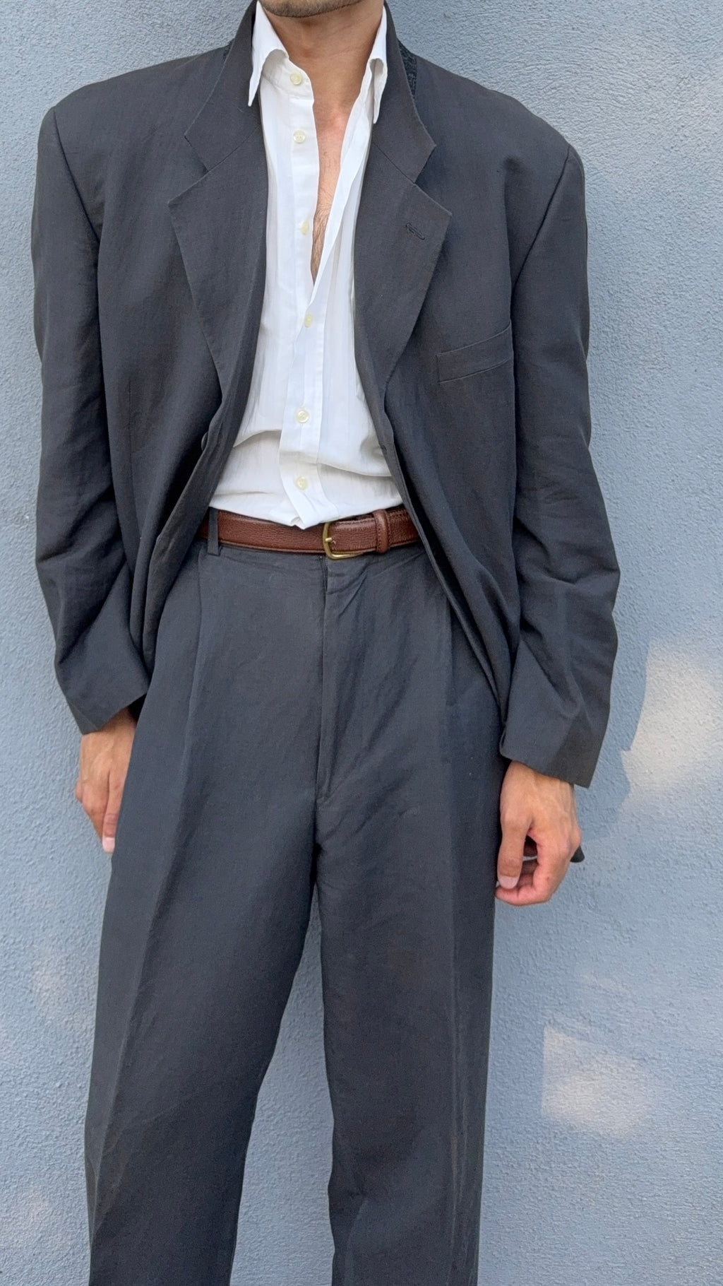 Giorgio Armani 1980s 3B Linen Blend Suit Charcoal - Size XXL Jacket / 36" Waist
