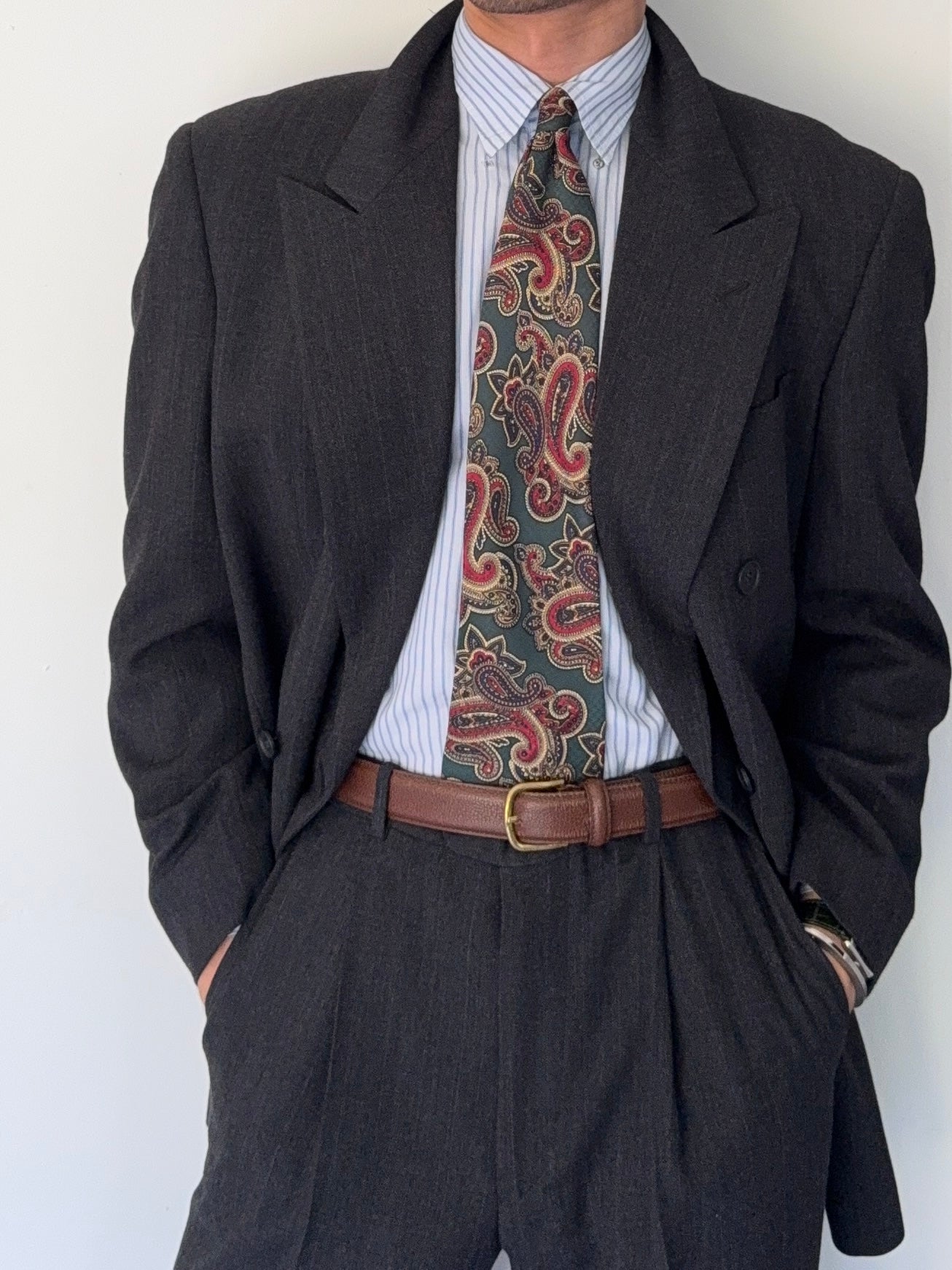 Giorgio Armani 1980s 6B Double Breasted Peaked Lapel Pleated Wool