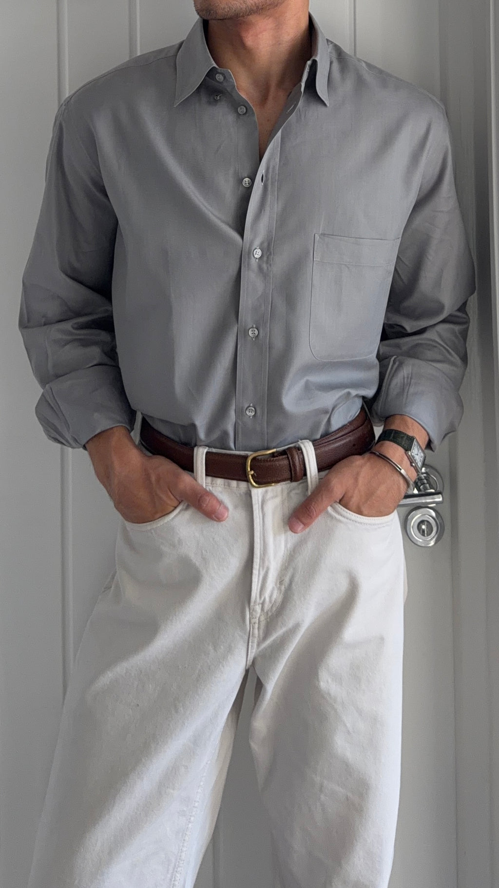 Armani 1990s Herringbone Grey Cotton Shirt - Size L