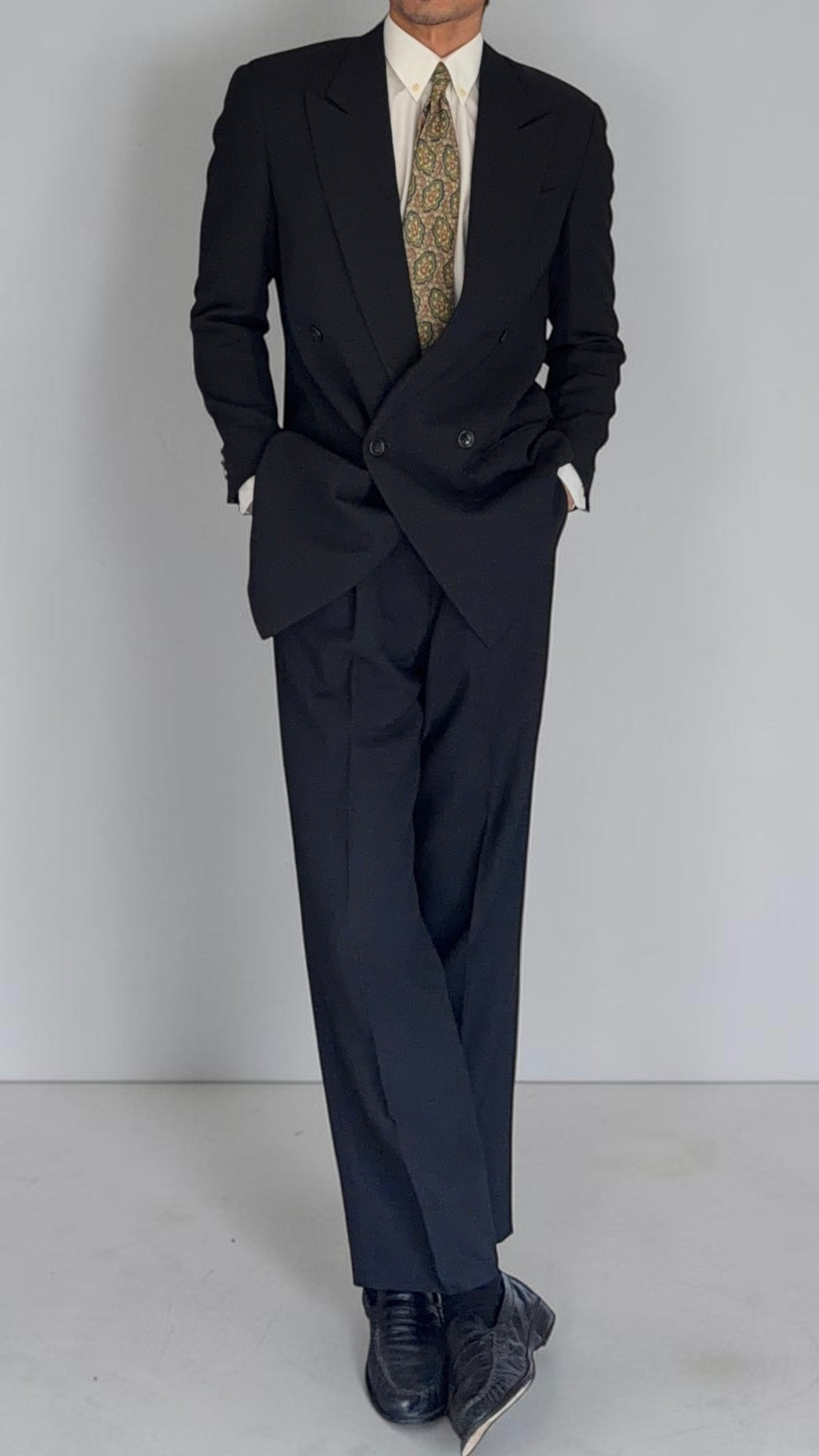 Armani 1990s Peaked Lapel Double Breasted Pleated Textured Wool Suit Black - Size S Jacket / 30" Waist