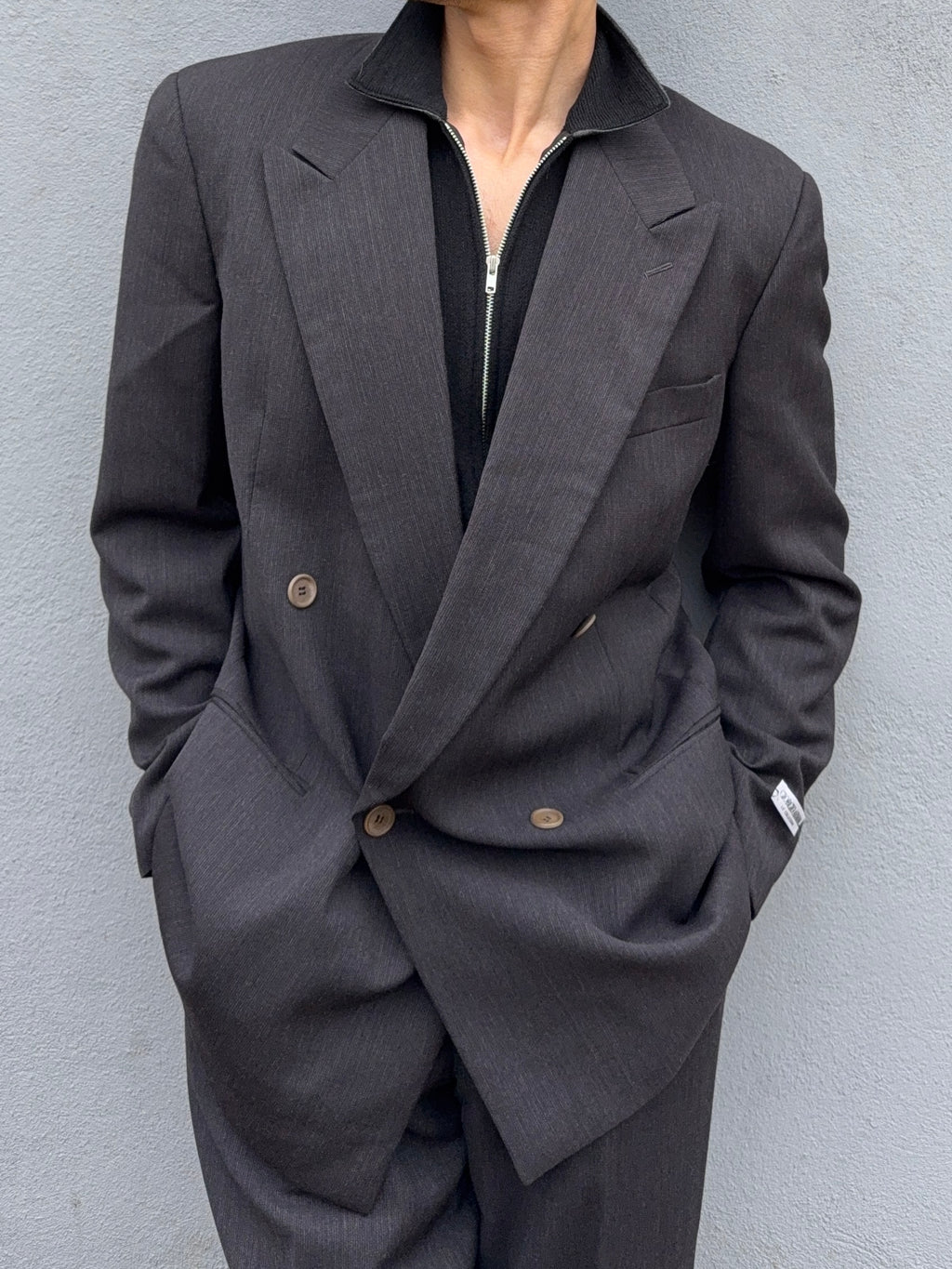 Giorgio Armani 1980s Double Breasted Pleated Wool Suit Espresso Charcoal New - Size L Jacket / 32" Waist