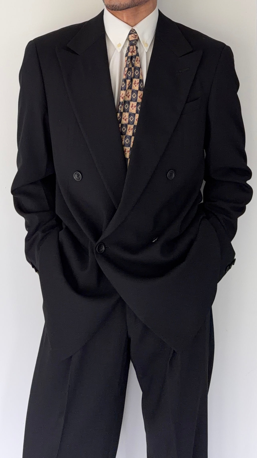 Armani 1990s Peaked Lapel Double Breasted Pleated Wool Suit Black - Size L Jacket / 34" Waist