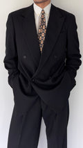 Armani 1990s Peaked Lapel Double Breasted Pleated Wool Suit Black - Size L Jacket / 34" Waist