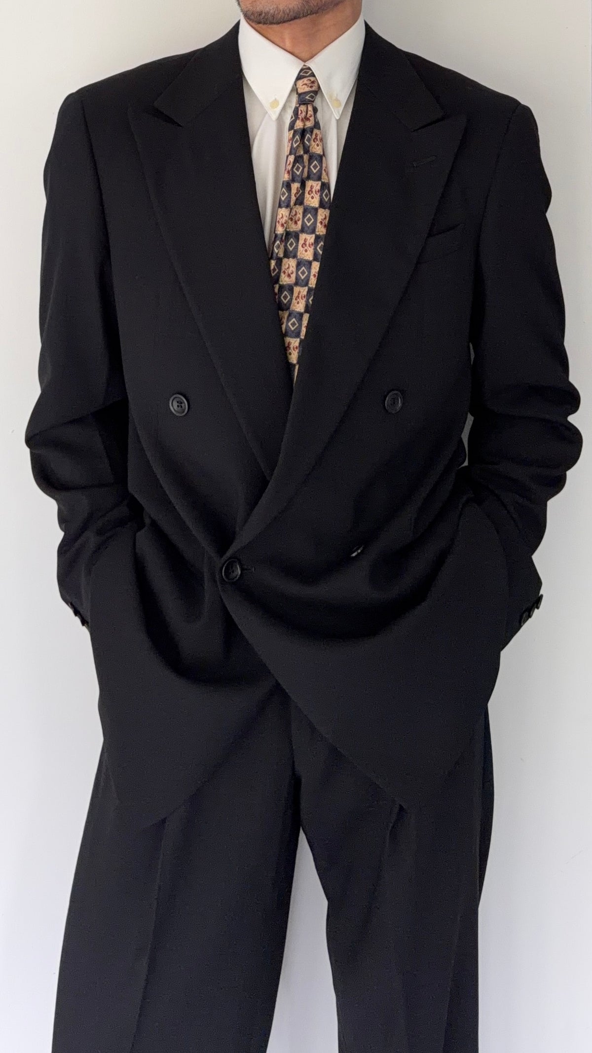 Armani 1990s Peaked Lapel Double Breasted Pleated Wool Suit Black - Size L Jacket / 34" Waist
