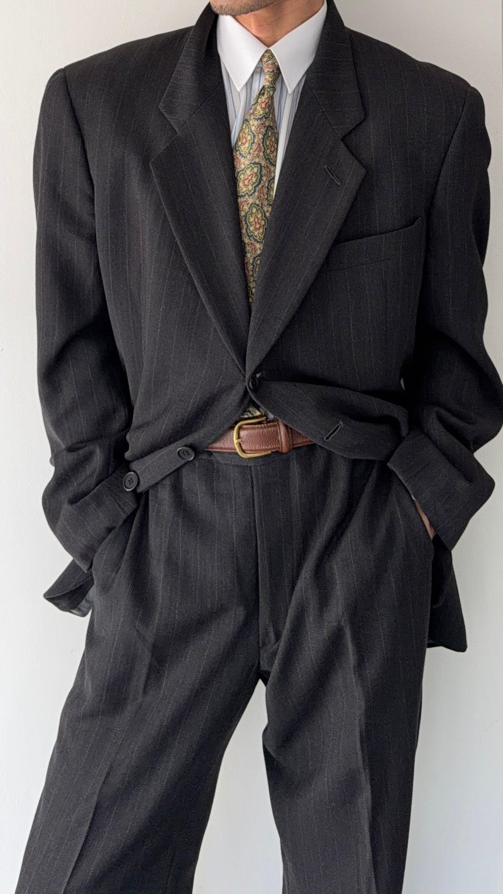 Giorgio Armani 1980s 3B Draped Textured Pleated Wool Suit Grey - Size XXL Jacket / 38" Waist
