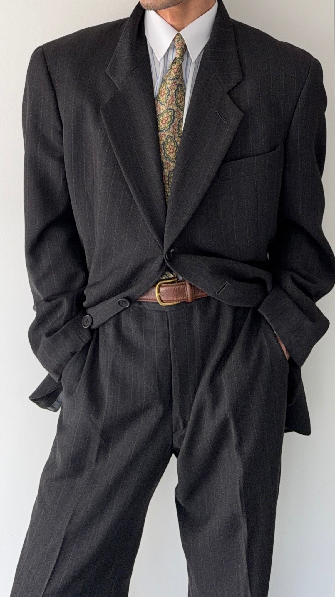 Giorgio Armani 1980s 3B Draped Textured Pleated Wool Suit Grey - Size XXL Jacket / 38" Waist